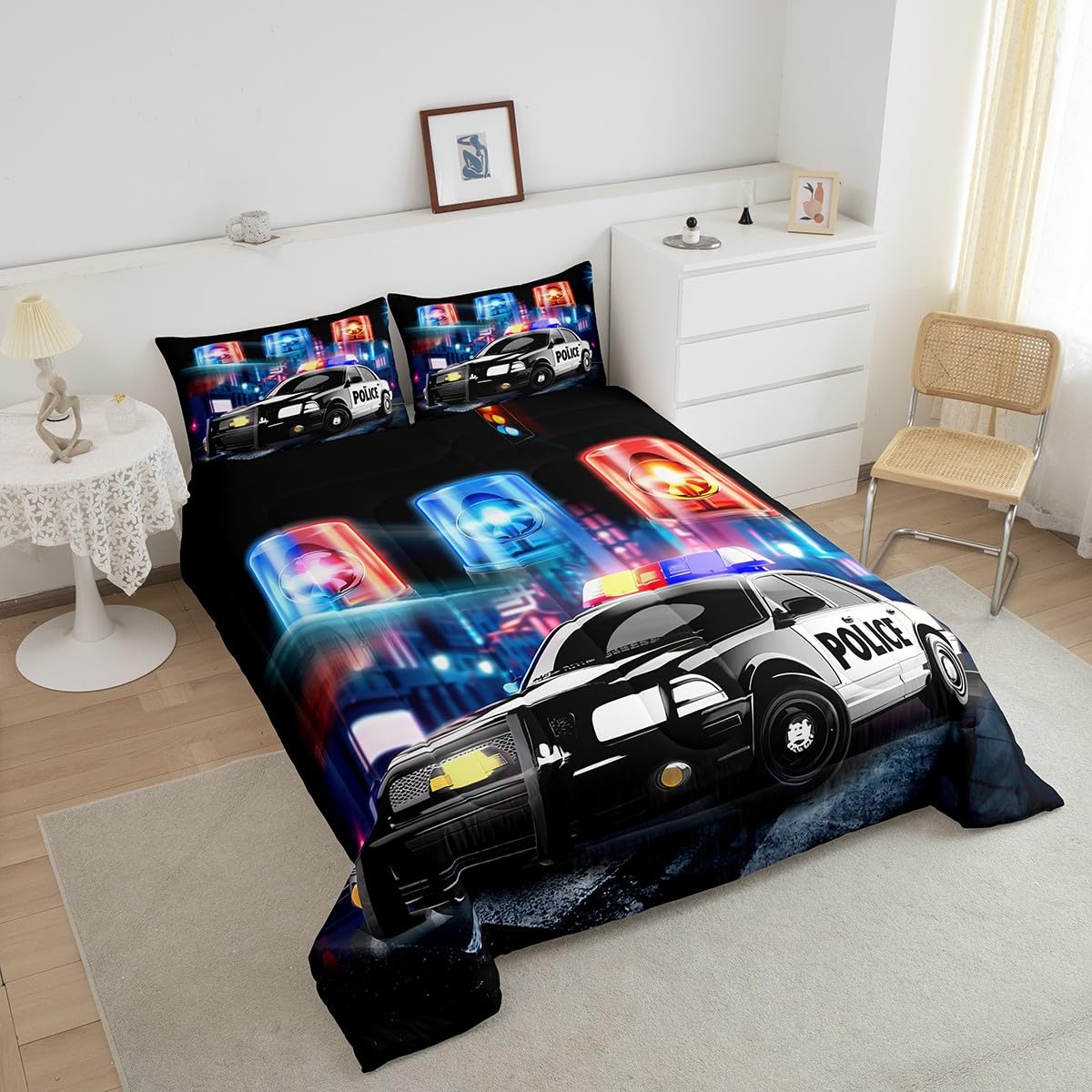 Feelyou Kids Police Car Toddler Bedding Set Policeman Boys Comforter Set for Adults Girls Black The Polica Vehicle Comforter Automobile Car Decor Quilt Set with 1 Pillowcase 2Pcs Bedding Twin
