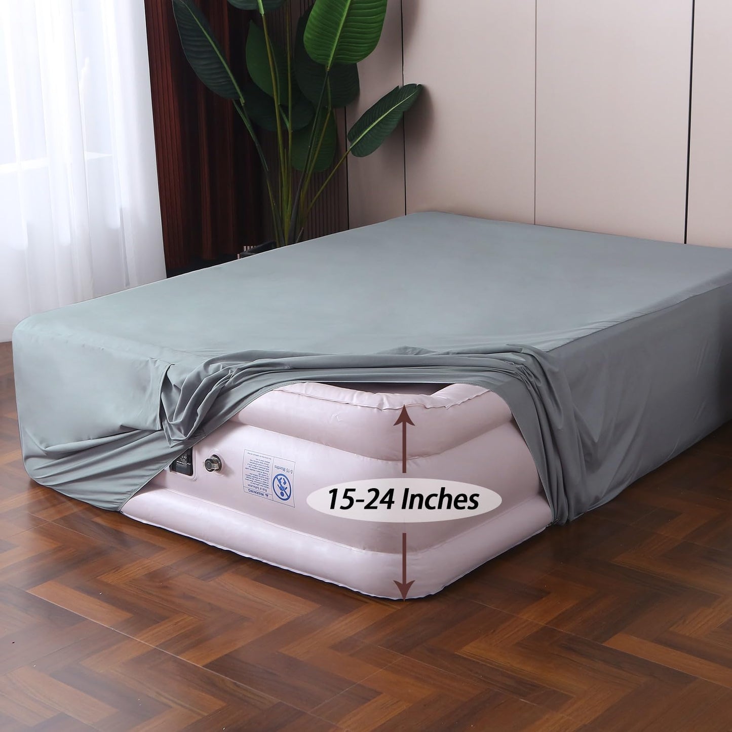 Antranfour Queen Fitted Sheet for Air Mattress,with 24 Inch Extra Deep Pockets,Ultra Soft Durable Breathable Bed Sheets Cover for Inflatable Air Bed,with Pump Opening,Inflate at Any Time-Gray