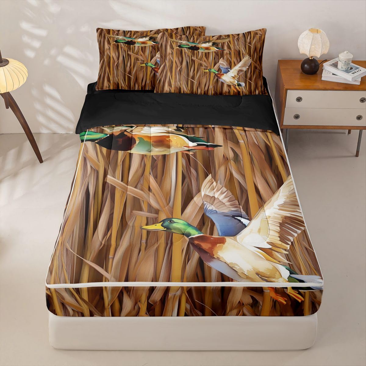 Feelyou Camo Mallard Duck Comforter Set Queen Size Zipper Bedding Set for Girls Boys Hunting Theme Comforter with Fitted Sheet, Pillowcases Wild Animal Duck Zipper Bedding Soft Breathable Bed in a Bag