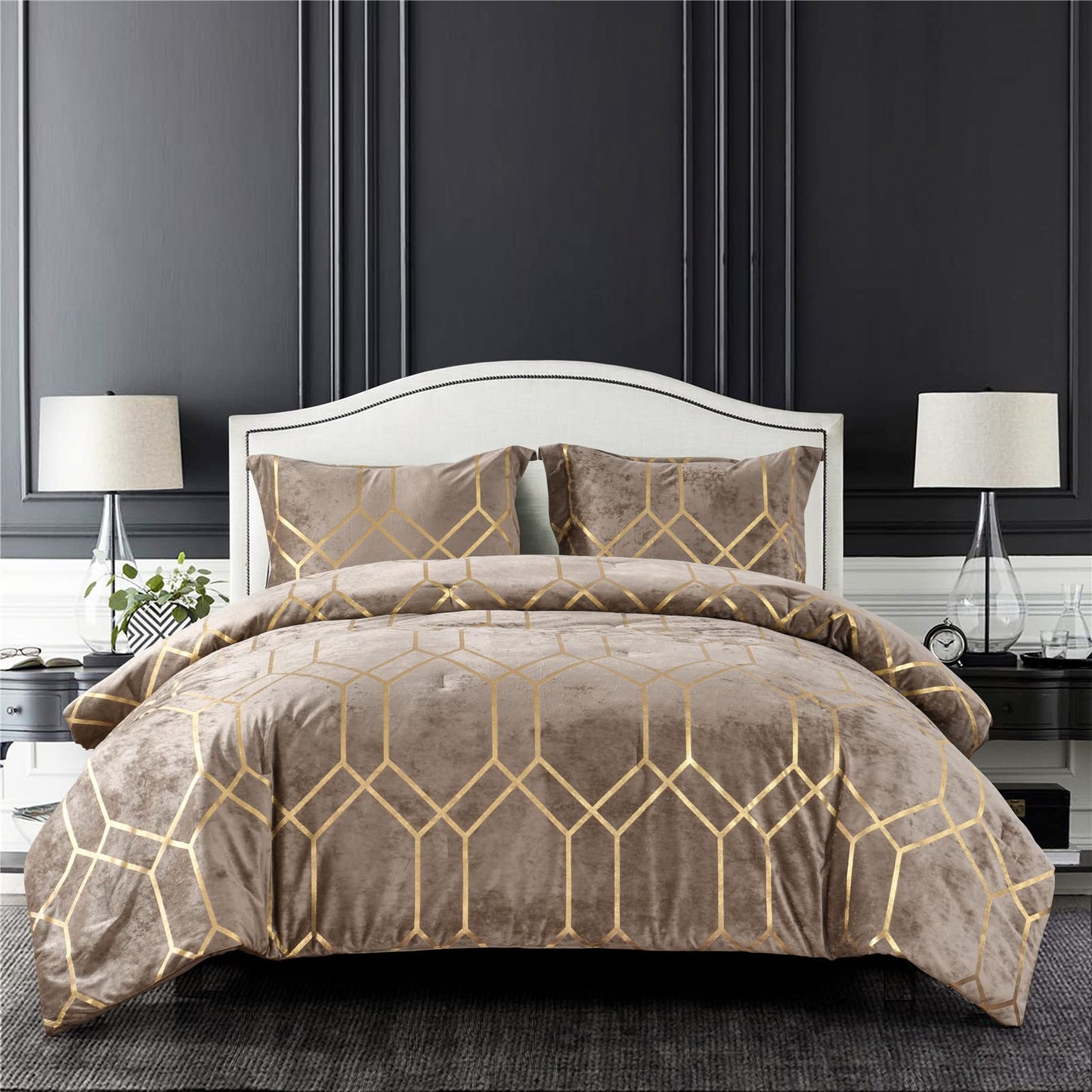 Sunshine Nicole Metallic Print Comforter Set, Distressed Velvet Face with Metallic Print and Brushed Solid Microfiber Reverse, with Light Weight Soft Poly Fill, 3 Pieces Khaki Gold, Queen