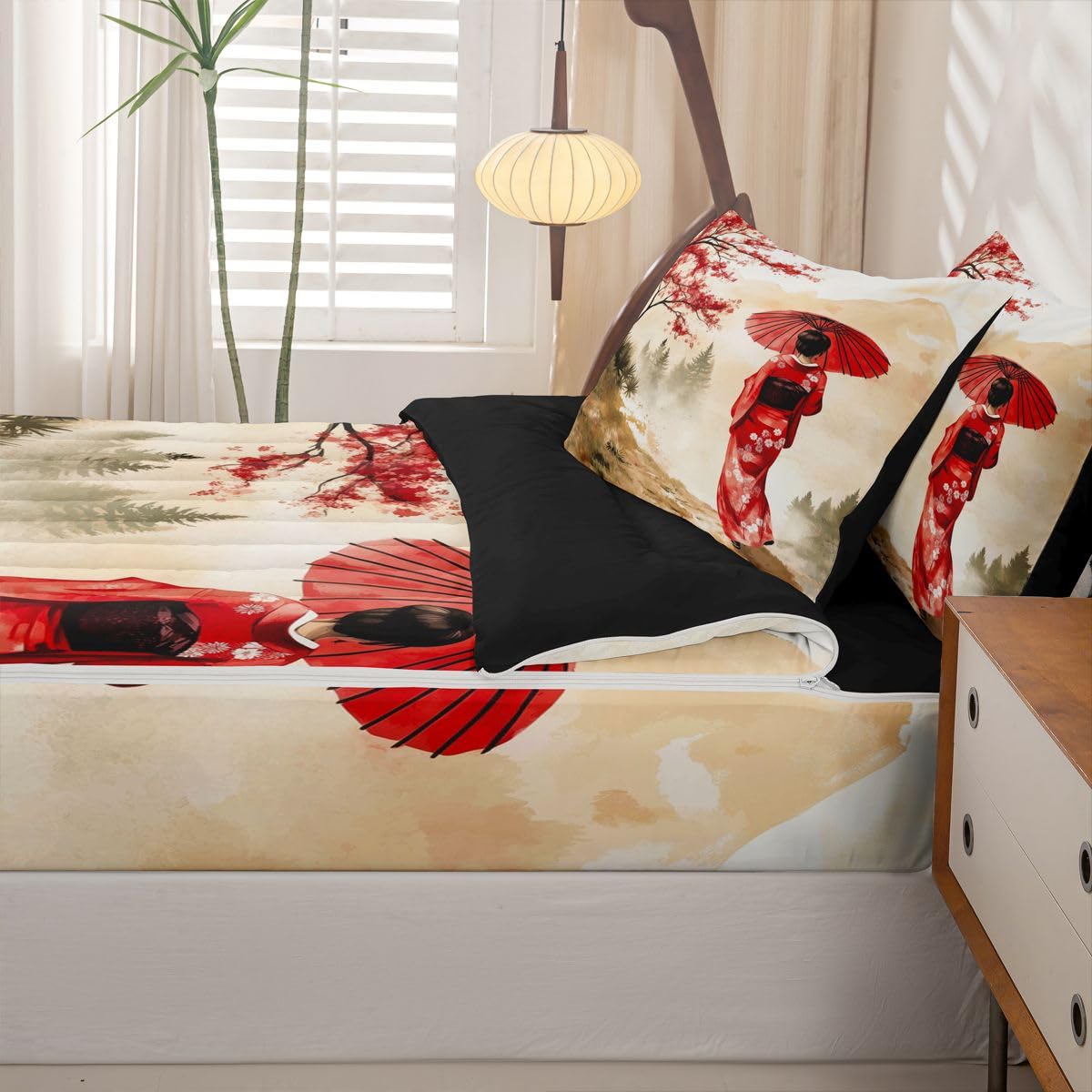 Erosebridal Geisha Zip Up Bedding Comforter Sets Twin Size, Japanese Geisha with Umbrella Comforter in One Zipper - Red Cherry Blossoms Bedding Set with Pillowcases