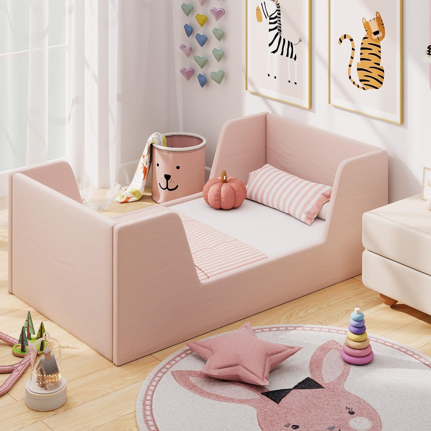 Costzon Toddler Bed, Soft Velvet Fabric Upholstered Children Floor Bed Frame with Safety Rails, No Mattress, Kids Bed for Girl Boys (Wood Foam, Pink)