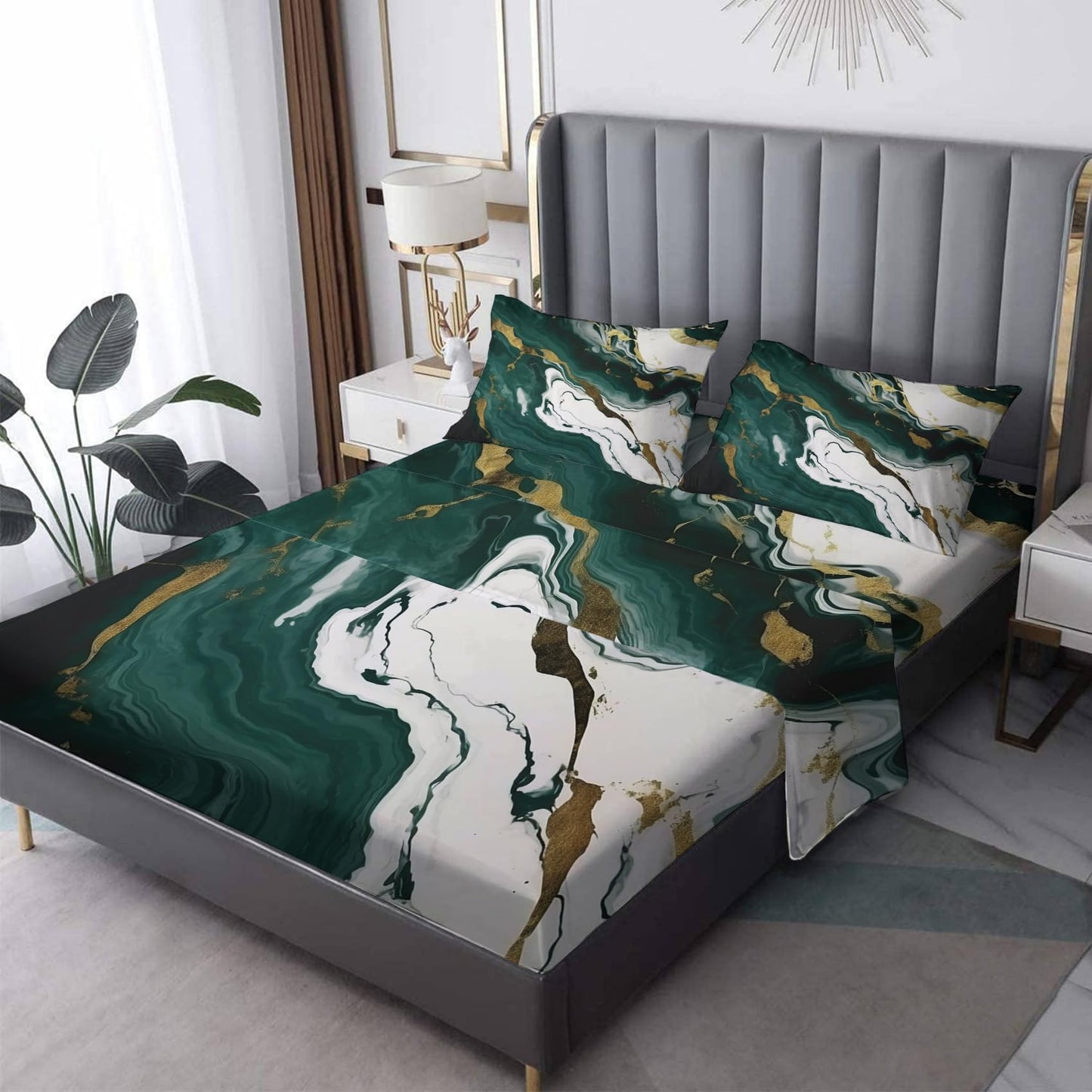 THYUNQ Emerald Green Marble Sheets Queen Size Bed, Abstract Pattern Sheet Set & Bedroom Decor - 16 Inch Deep Pocket, Super Soft Microfiber Bedding Sheets & Pillowcases 4 Piece