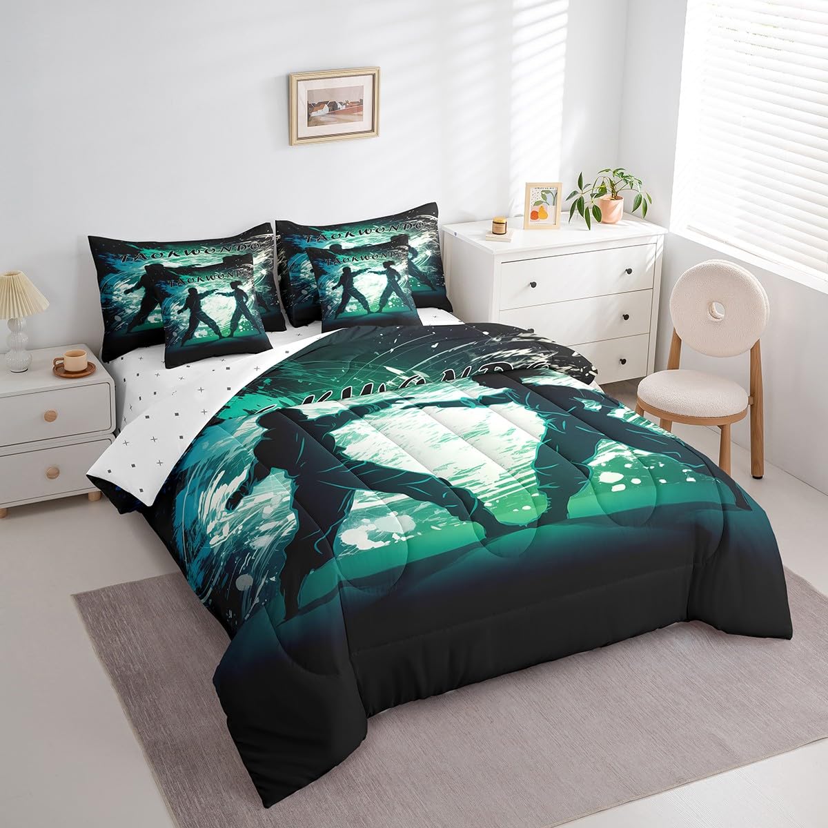 Erosebridal Taekwondo Full Bedding Set with Sheets,Japanese Anime Style Bed Set 7 Piece for Boys Teen Kids Bedroom Decor,Sports Themed Comforter Sets with Fitted Sheet,Flat Sheet,Pillowcases