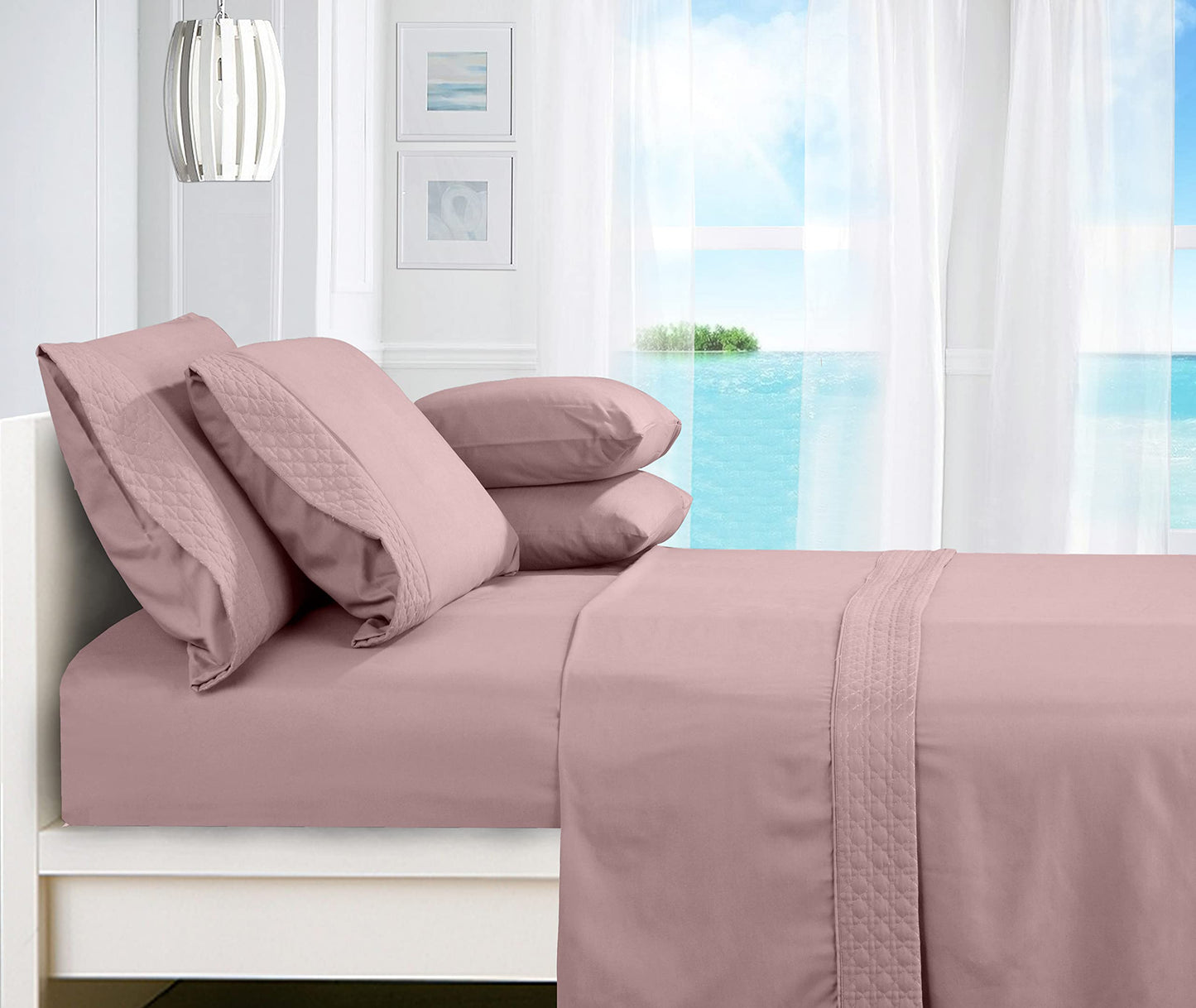 Elegant Comfort Luxury Soft Coziest 4-Piece Bed Sheet Set 1500 Thread Count Egyptian Quality Microfiber Wrinkle Resistant Beautiful Quilted Design on Flat Sheet and Pillowcases, King, Dusty Rose