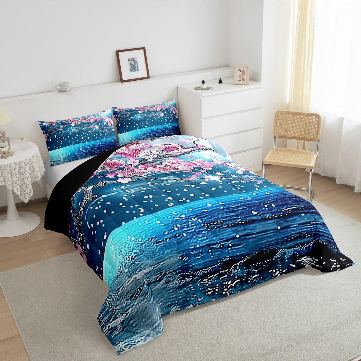 Manfei Lake Landscape Twin Size Comforter Set,Pink Blossom Flower Quilt Set Soft Bed Collection,Moon Night Bedding Comforter for Boys Girls Room Decor,2 Pcs