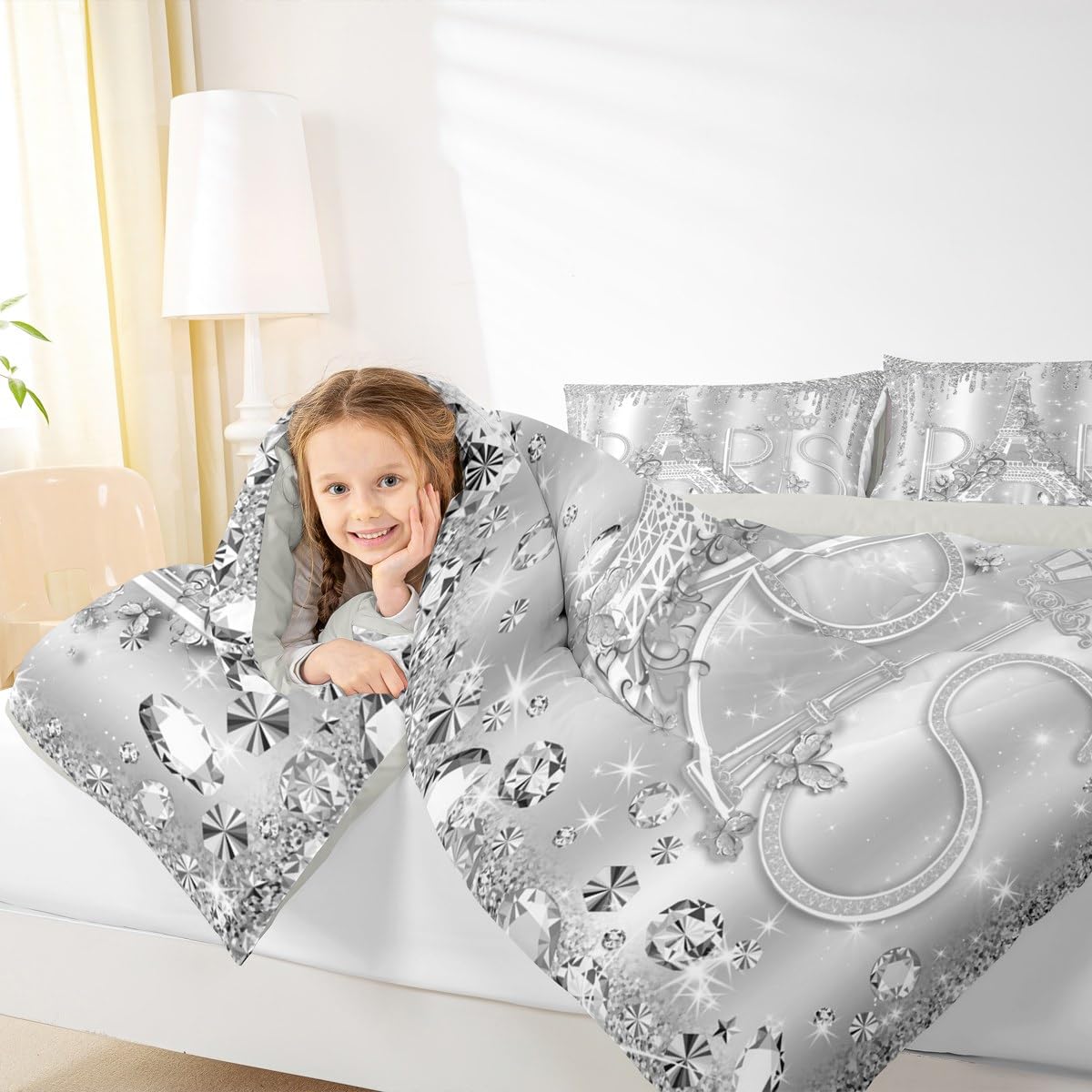 Paris Comforter Set Queen Size Sliver Glitter Diamond Bedding Set 3pcs for Kids Girls Boys Women Room Decor,Romantic Eiffel Tower Quilted Duvet Luxury Pearls and Jewels Duvet Insert,2 Pillowcases