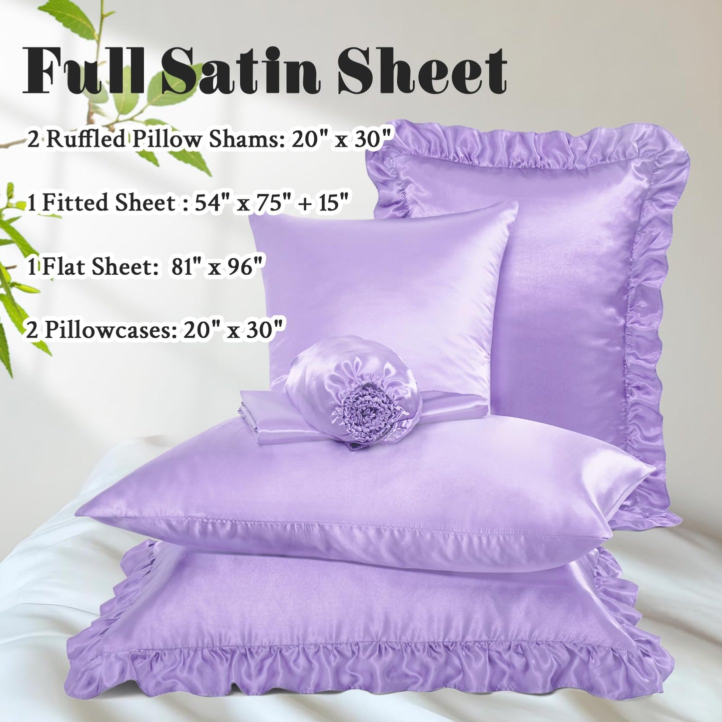 Homiest Ruffled Satin Sheets Full Size 6pc Set - Lavender Purple Bed Sheet Set with 15 Inch Deep Pocket Fitted Sheet, 1 Flat Sheet, 2 Ruffled Pillow Shams & 2 Pillowcases, Similar to Silk Sheets