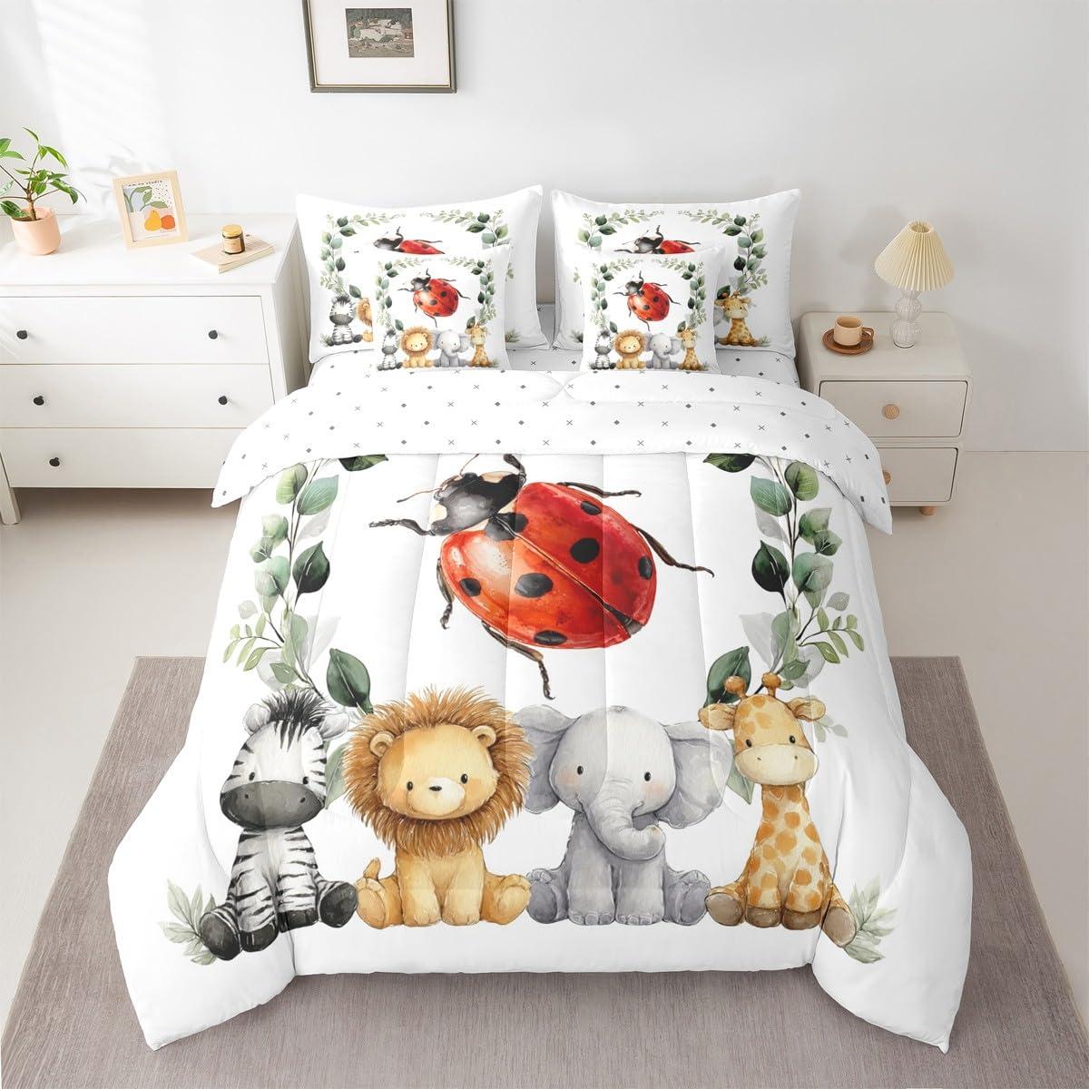 Erosebridal Cute Zoo Animal Twin Size Comforter Set with Sheets Kids | Kawaii Ladybug 7-Piece Bedding Set Botanical Eucalyptus Bed in a Bag Cartoon Zebra Lion Elephant Giraffe Bed Quilt Sets
