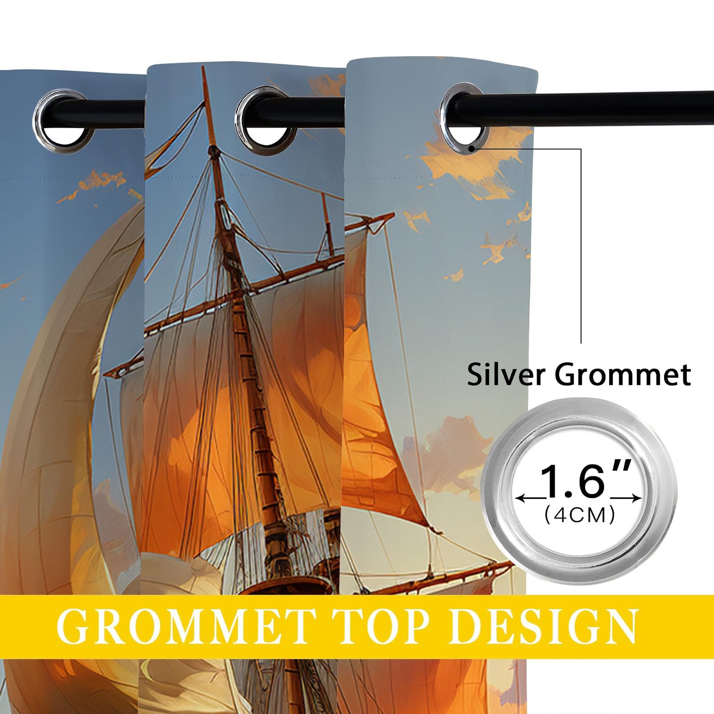 Nautical Blackout Curtains for Girls Boy Home Decor, Pirate Ship Sailboat Sailing Adventure Ocean Grommet Thermal Insulated Drapes Darkening Window Curtain for Bedroom Living Room, 42 x 45 Inch