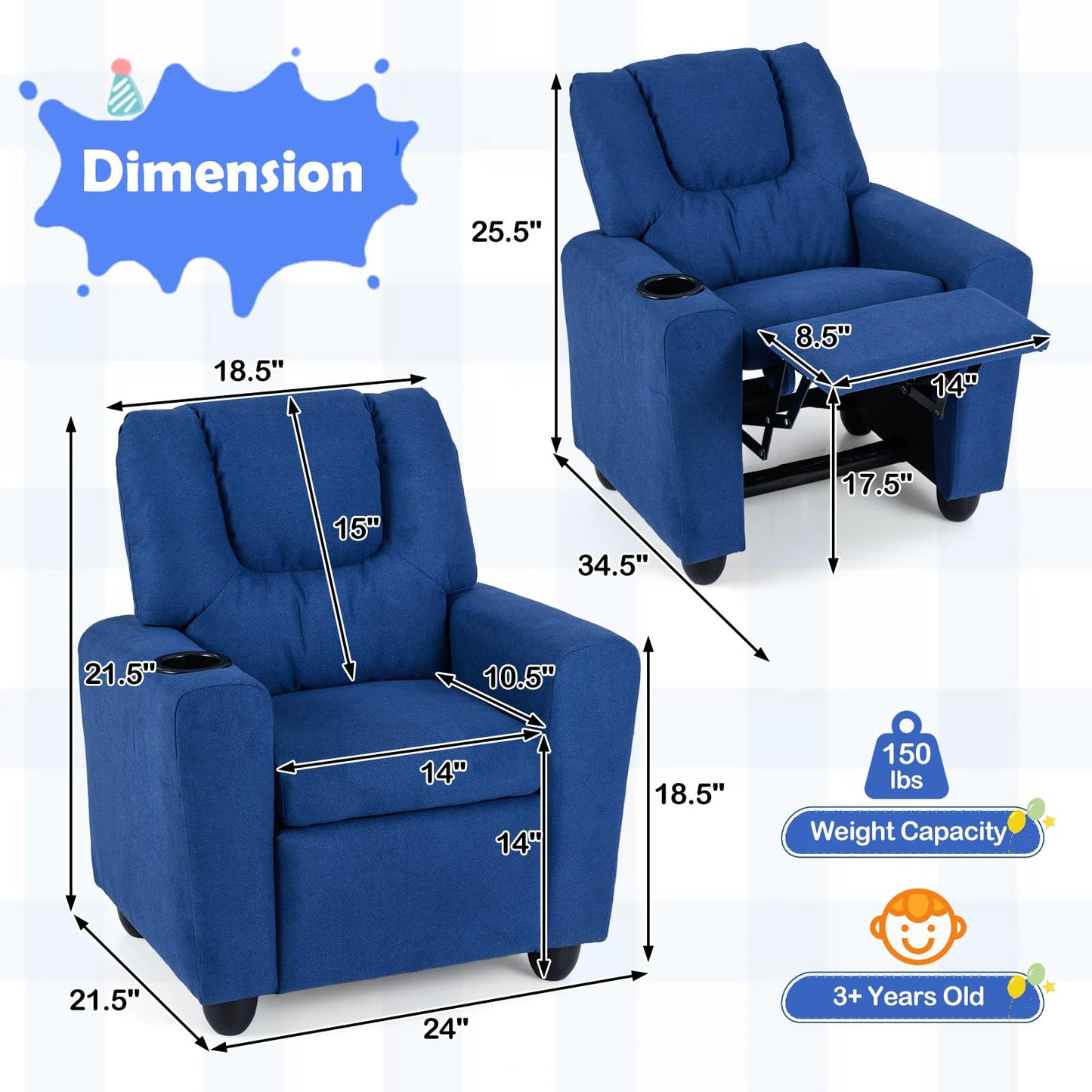 Costzon Kids Recliner Chair with Cup Holder, Toddler Adjustable Lounge Chair w/Footrest for Boys Girls Room, Ergonomic Baby Child Furniture Sofa for Age 3+ Gifts, Kids Mini Recliner up to 150 lbs