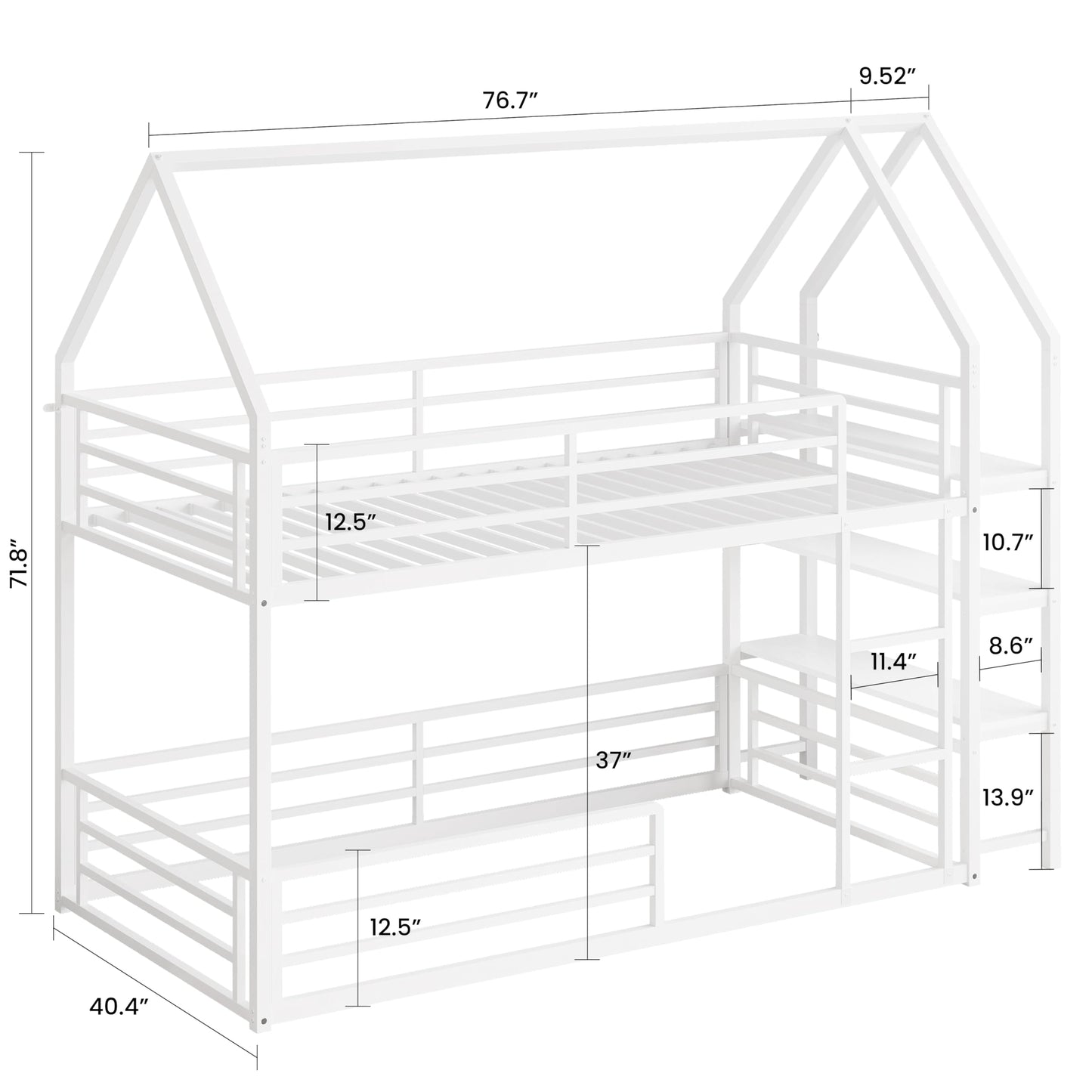 LIKIMIO Bunk Bed, Twin Bunk Beds with 3-Tier Storage Bookshelf, Bunk Bed Twin Over Twin, Metal House Bed Ladder and Safety Guardrail for Bedroom, Space Saving, No Box Spring Needed, White