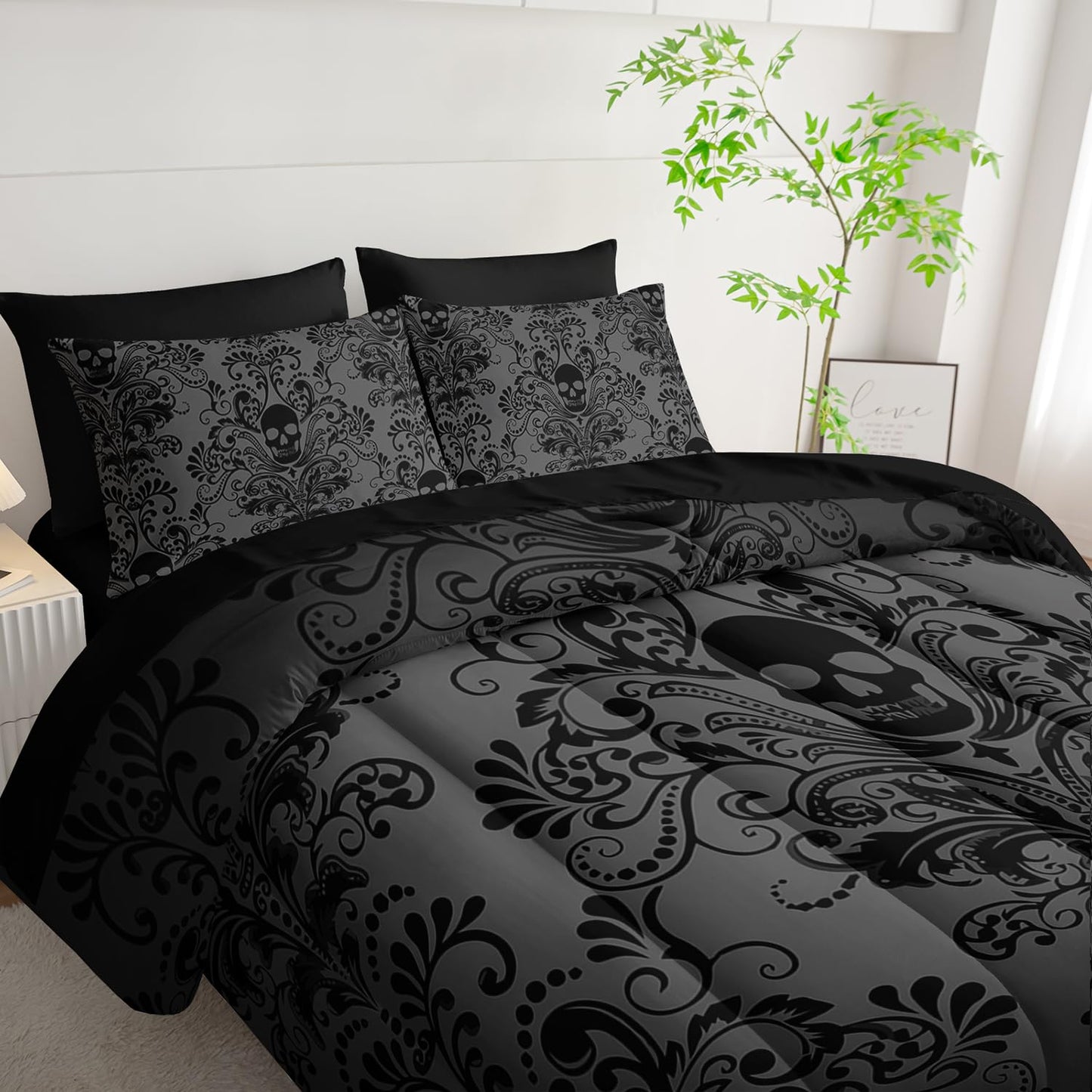 Tuzaovy Black Skull Comforter Set 7 Piece Twin Size Bed in A Bag,Goth Bedding for Room Decor,Soft Western Comforter Boho Hippie Bedding with Fitted Sheet,Flat Sheet, Pillowcases & Shams