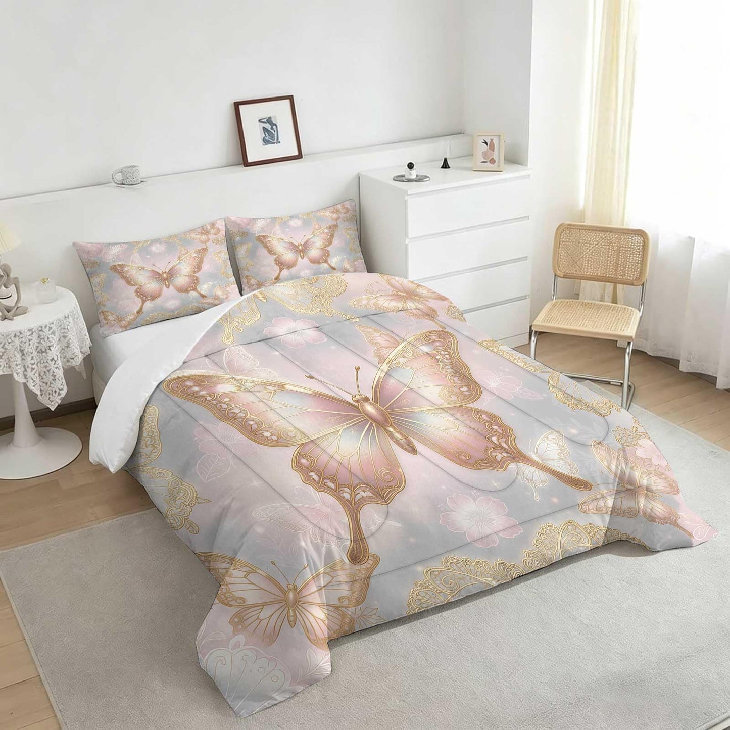 DJNEAR Pink Gold Butterfly Comforter Set, Elegant Shimmer Butterfly Bedding Set for Girls Teens Women, Soft Microfiber All Season with 1 Comforter 1 Pillowcase, Twin Size