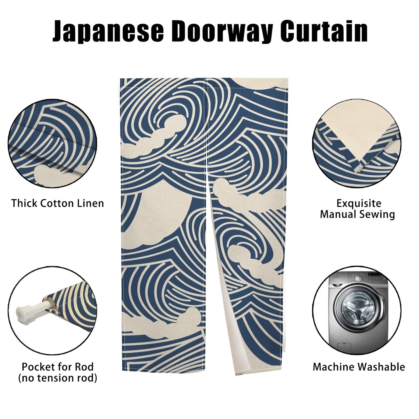 XMJJKUF Japanese Noren Doorway Curtain Traditional Japanese Wave Curtains for Livingroom Windows Doorway Tapestry Polyester Panel for Room Divider Kitchen Home Decorations,33.5"x 70.9"