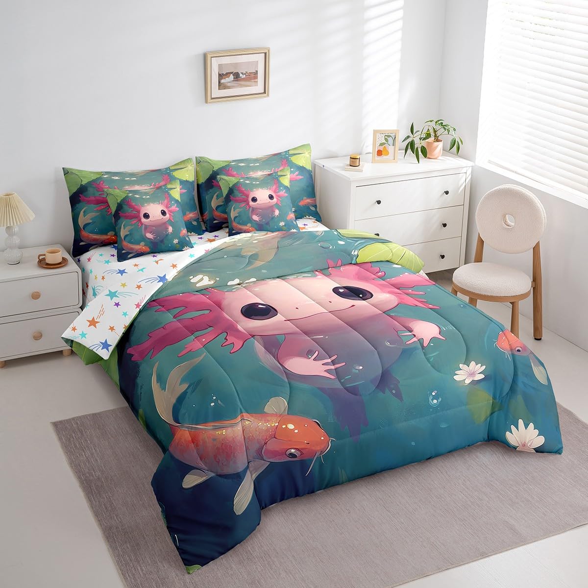 Feelyou Kids Cute Axolotl 7 Pieces Bedding Set Twin Size, Cartoon Salamander Bed in A Bag Ocean Sealife Comforter Set with Sheets Boys Girls Kawaii Animal Teens Bed Set Bedroom Decor 7Pcs