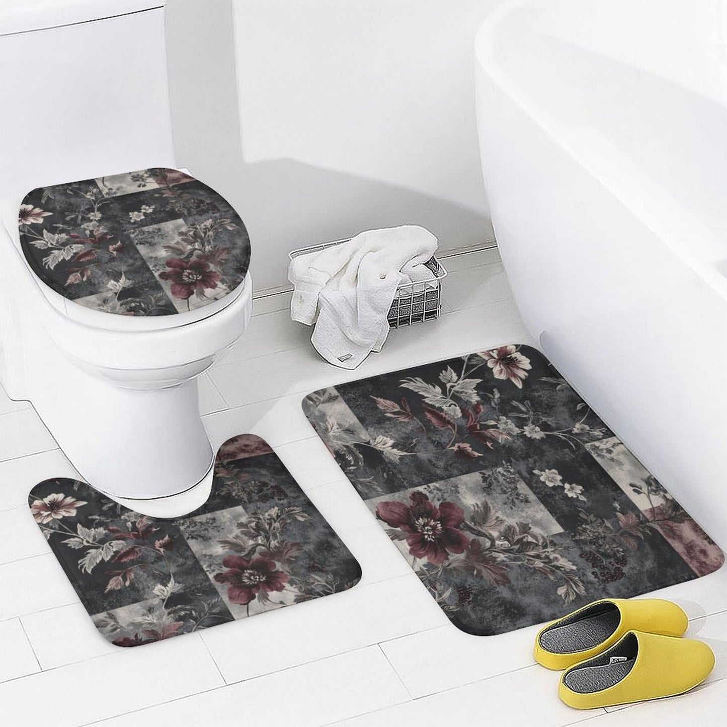 DIPQIMI 4Pcs Luxury Floral Botanical Shower Curtain Sets with Rugs, Toilet Lid Cover and Bath Mat, Classic Patchwork Pattern Bathroom Shower Curtains Set with 12 Hooks