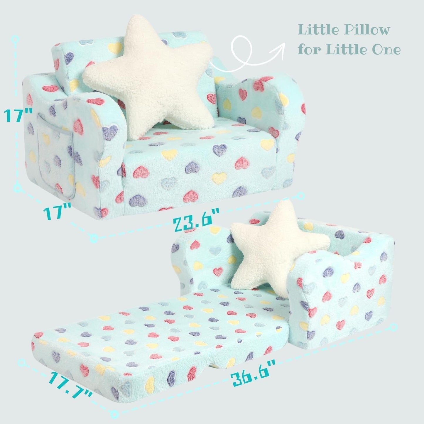 MOMCAYWEX Toddler Couch, 2-in-1 Kids Soft Couch Fold Out with Star Pillow, Foldable Sofa to Lounger, Medium, Colorful Heart