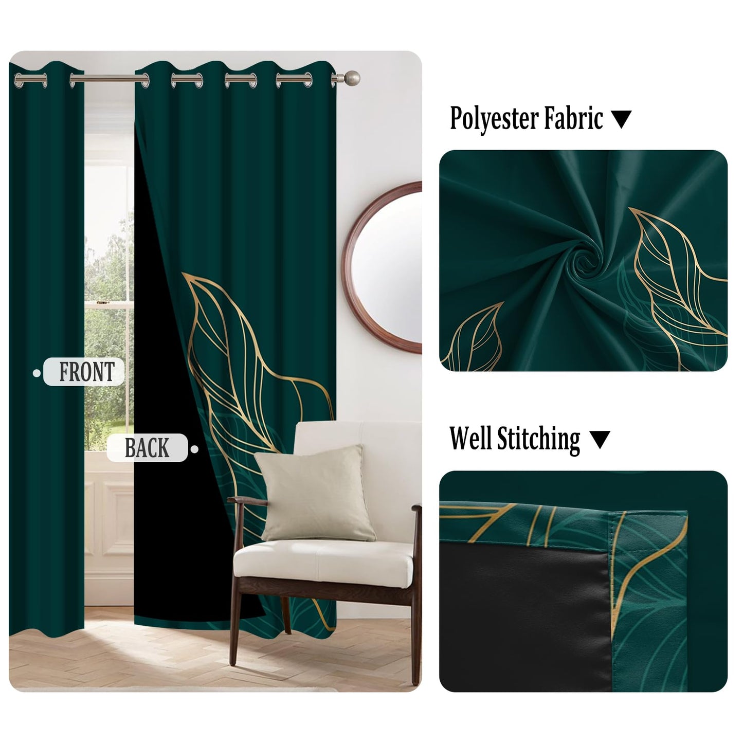 Renaiss Dark Green Blackout Curtains for Bedroom Golden Leaves Line Window Curtain Insulated Thermal Window Drapes for Living Room Decor Darkening Curtains 2 Panels Set, 42x63 Inch