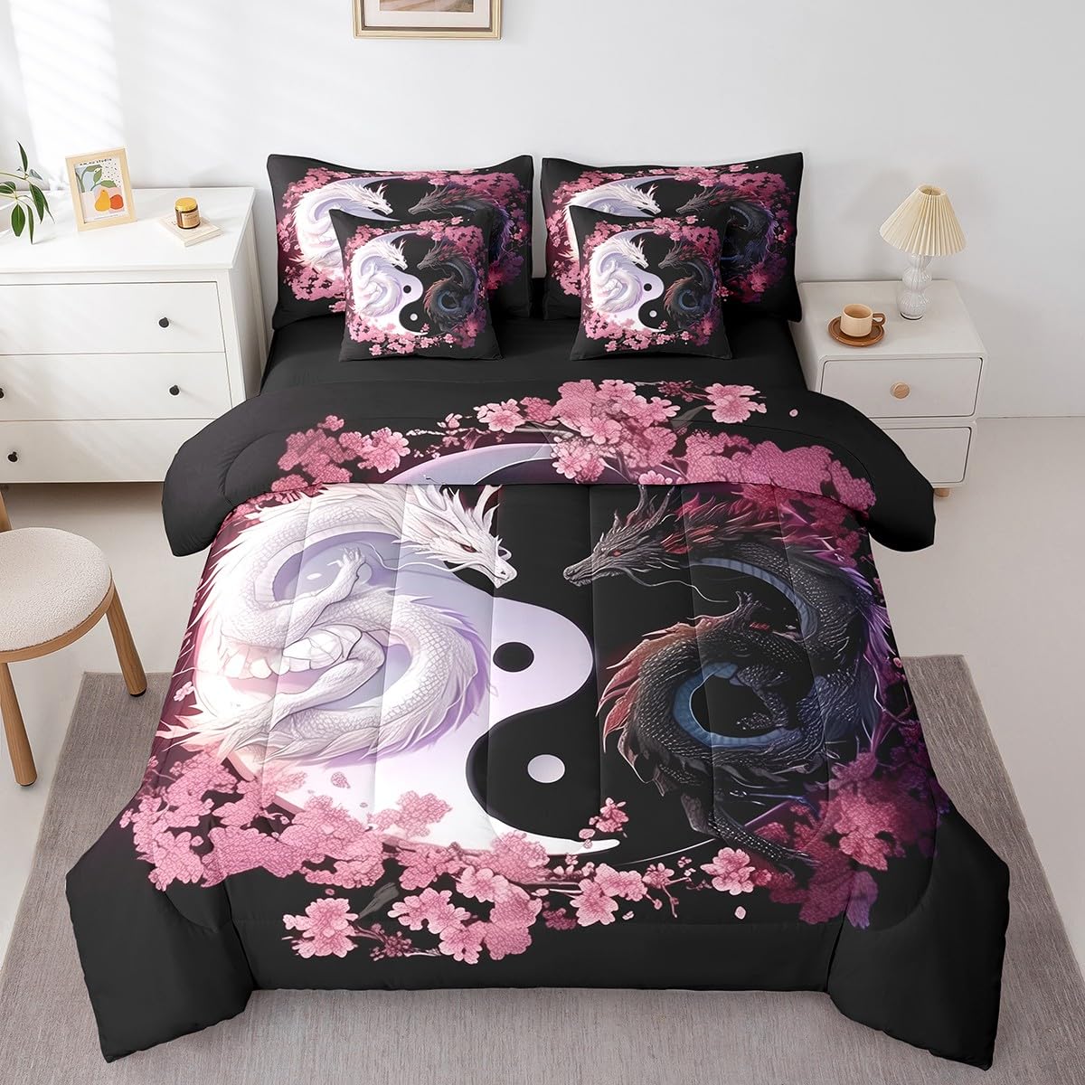 Feelyou Dragon Bedding Set Queen Size Yin Yang Comforter Set 7 Pieces Cherry Blossoms 3D Dragon Ancient Wildlife Couple Lover Bed in a Bag for Romantic Bed Set with Comforter, Sheet Set, Pillowcases