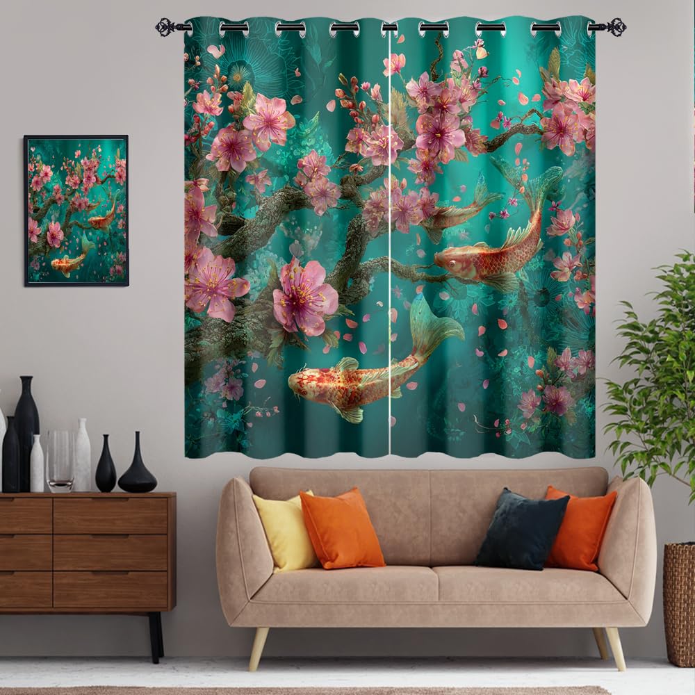 XSUPFLYM Classic Asian Japanese Fish Privacy Perforated Curtains Traditional Aesthetic Spring Underwater Fish Plant Cherry Blossom Curtains Top Grommets Window Treatment 2 Panels.Each 21" W x 54" L