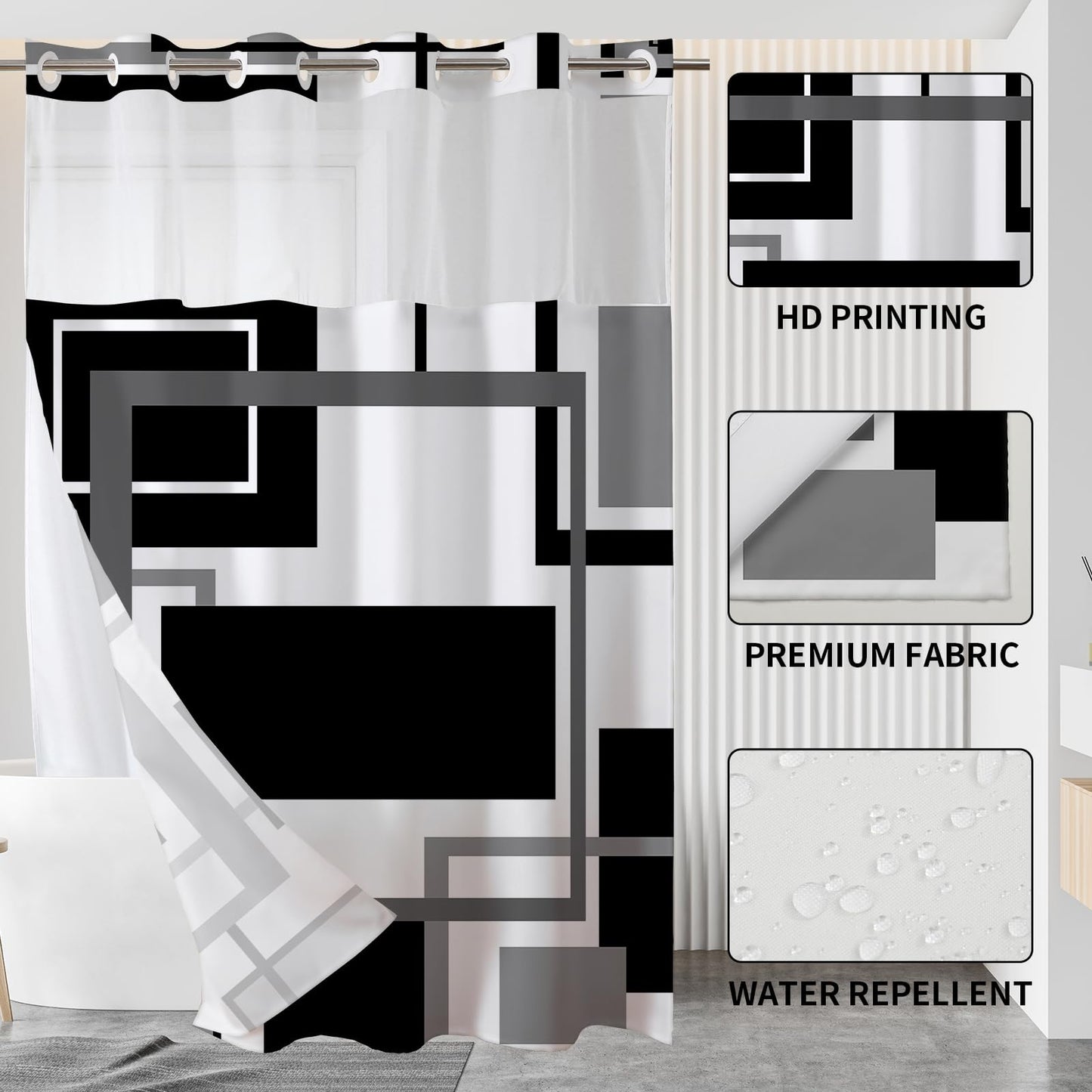 Vostolaiv No Hook Shower Curtain Black Geometric Shower Curtains with Snap in Liner Set Waterproof Polyester Shower Curtains Checkered Vintage Hookless Shower Curtain for Bathroom Tub, 72" X 75"
