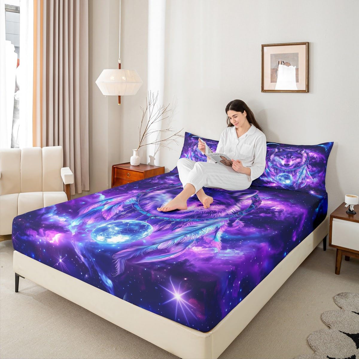 Erosebridal Wolf Flat Fitted Sheet Full Tribal Animal Bed Set Bohemian Feather Wildlife Bed Sheets Set for Kids Boys Adult Bedroom Decor Starry Sky,Purple Blue Bedding Sets with 2 Pillow Cases