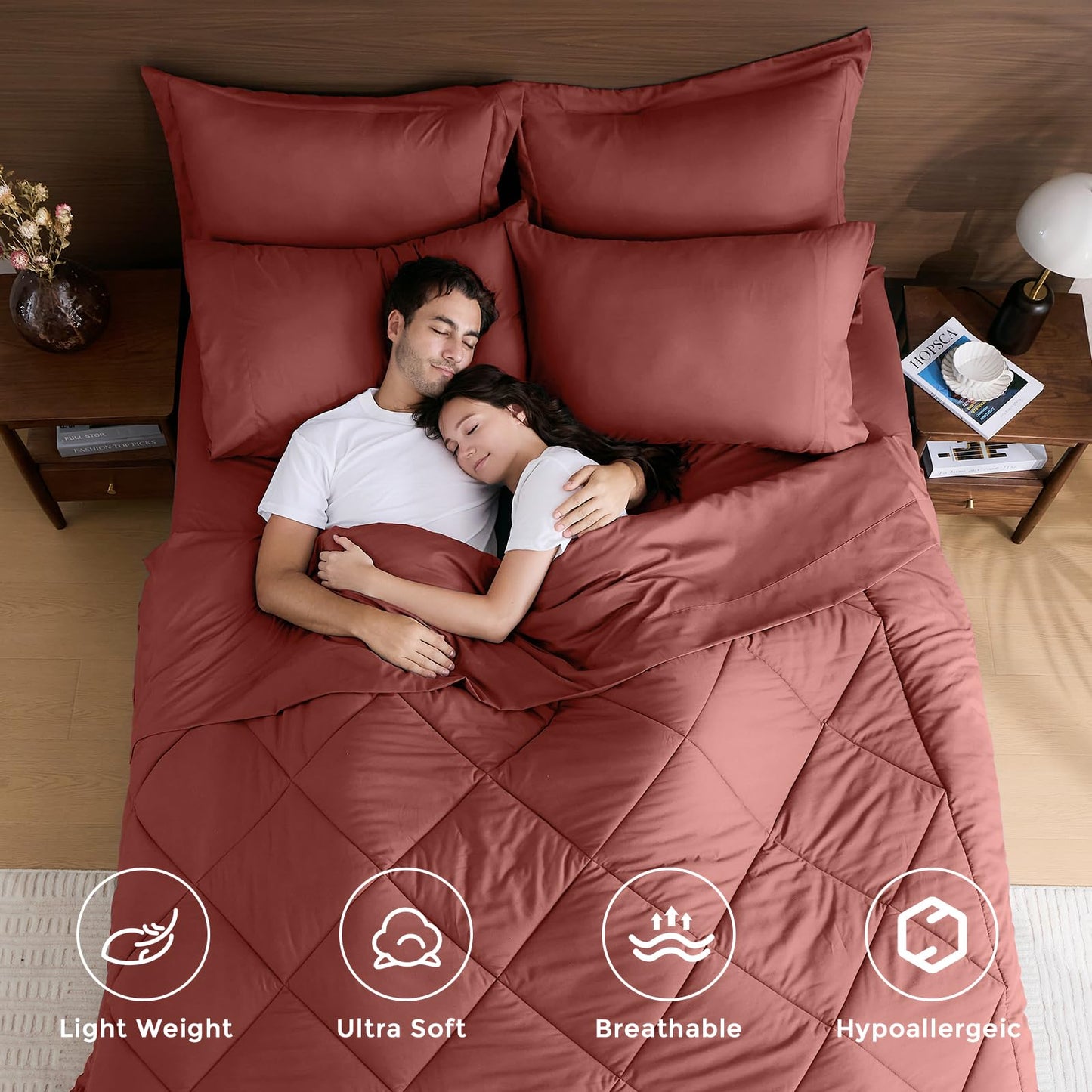 HEVUMYI Terracotta Queen Comforter Set - 7-Piece All Season Bed in a Bag Queen, Ultra Soft Bedding Set with Comforter, Flat Sheet, Fitted Sheet, Pillowcases, Pillow Shams