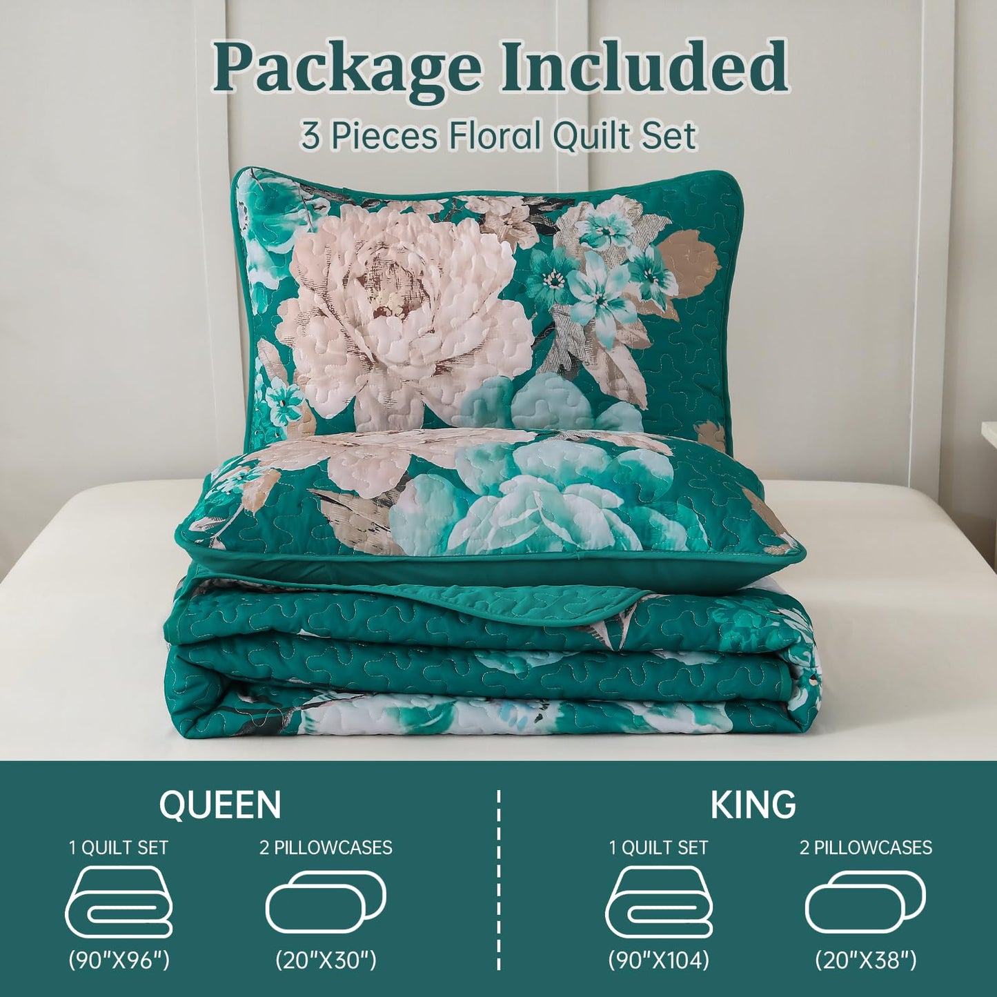 WONGS BEDDING Teal Boho Floral Quilt Set Queen, Elegant Flower Bedspread Coverlet Set for All Season, 3 Pieces Farmhouse Lightweight Reversible Bedding Set with 2 Pillow Shams 96"X90"