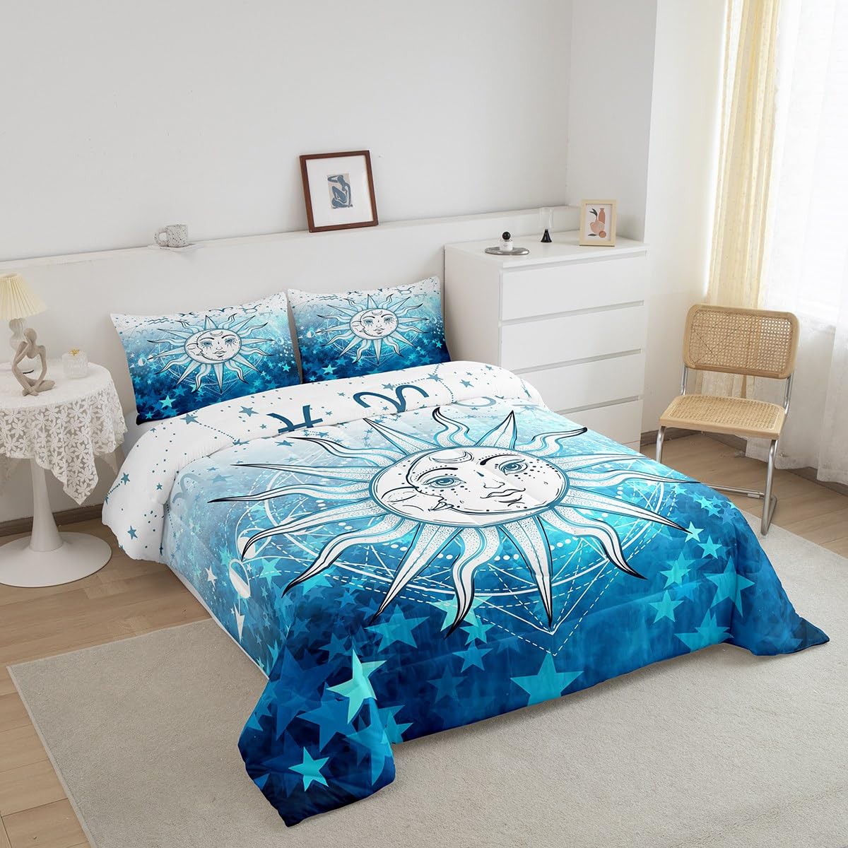 Manfei Sun and Moon Comforter Set Twin Size Blue Stars Print Bedding Set 2pcs for Kids Boys Girls Room Decor, Outer Space Galaxy Theme Quilt Set Boho Exotic Duvet Insert with 1 Pillowcase