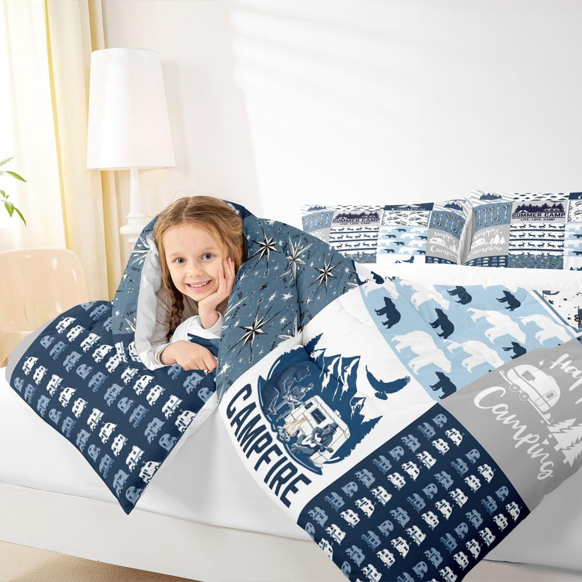 Erosebridal Happy Camping Bedding Set Queen Size for Boys Kids Teens, Camper Duvet Insert, Rustic Farmhouse Style Comforter Set, Sketch Drawing Camper Bedding, Camping Car Down Comforter, Blue