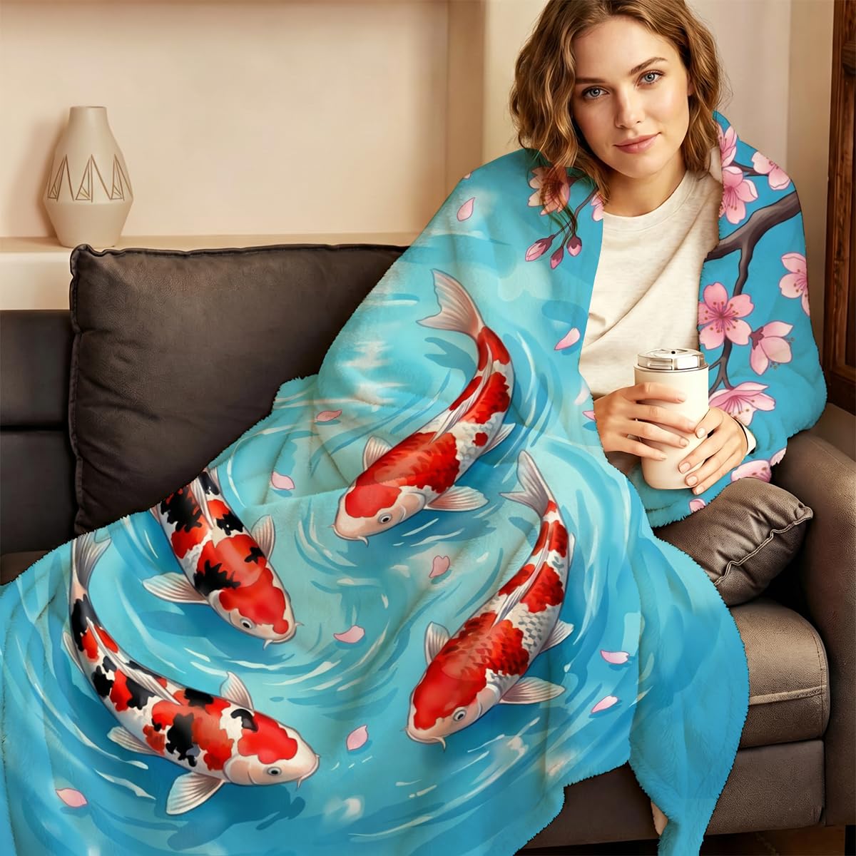 Yujiiso Koi Fish Cherry Blossom Blanket Soft Flannel Fleece Throw 50" x 60"