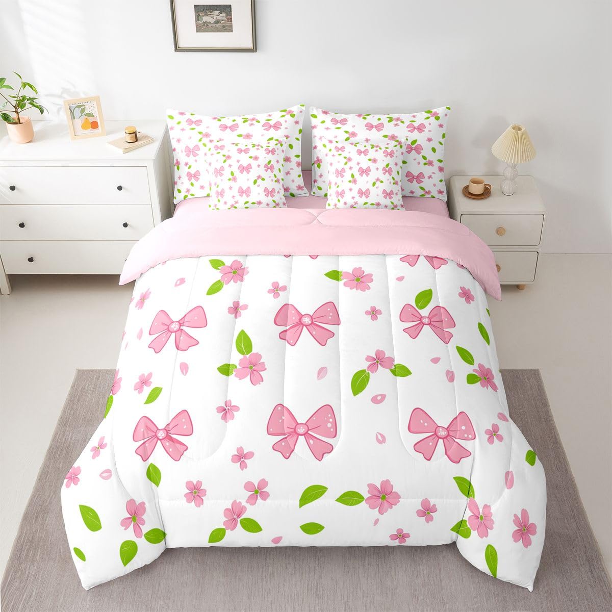 Erosebridal Pink Bow Knot Comforter Set Cherry Blossoms Bed in A Bag Queen Size 7 Pieces Pink Bow Tie Bed Set Room Decor Dreamy Kawaii Japanese Bedding with Sheets