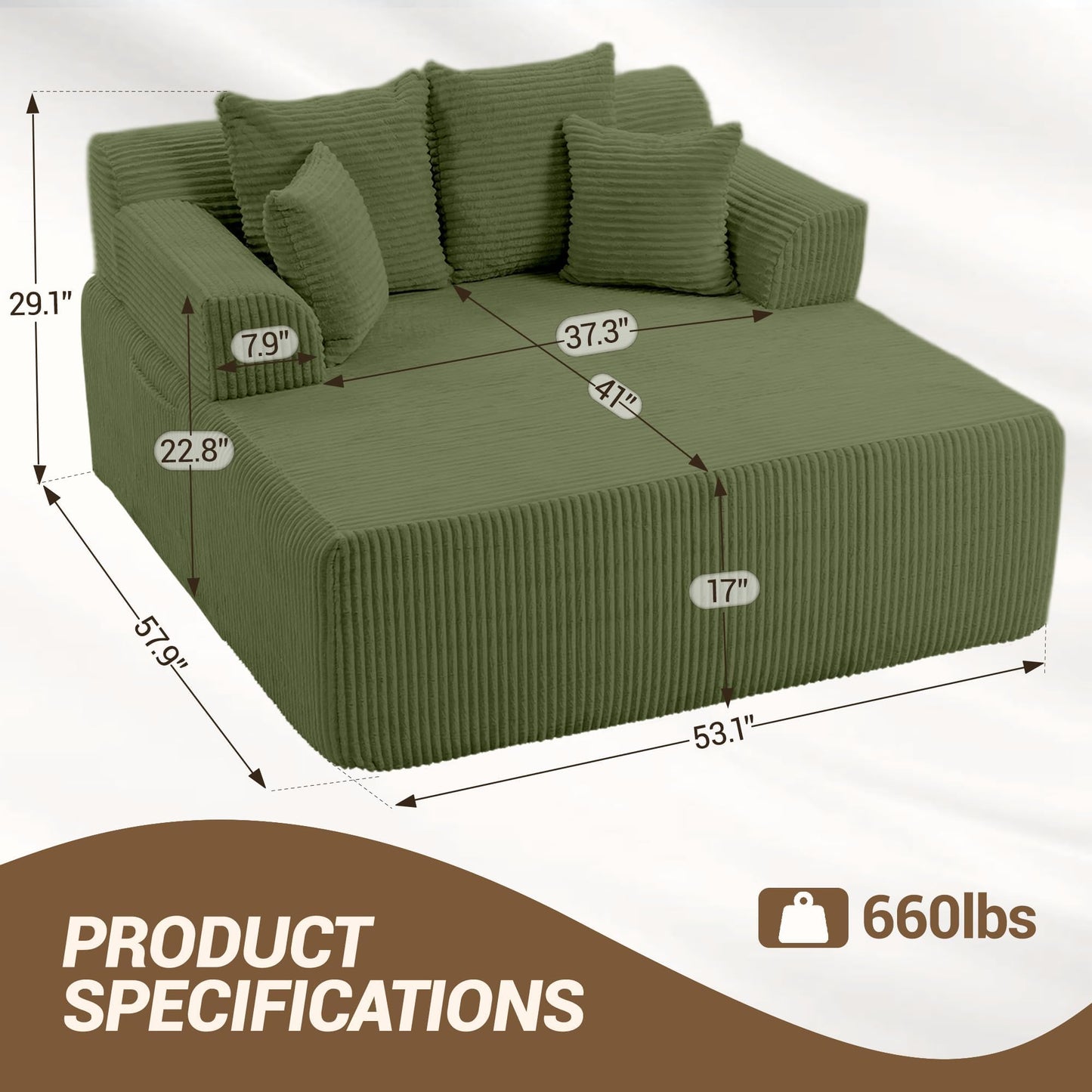 WiNVO 58" Oversized Boneless Chaise Chair, Green