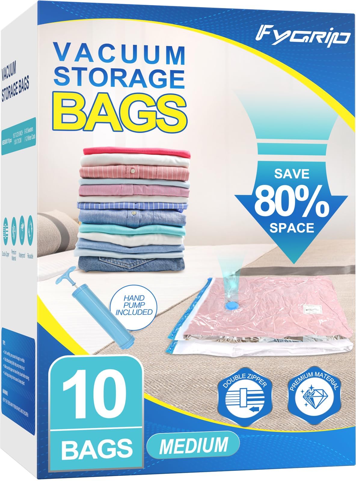 Fygrip Vacuum Storage Bags with Hand Pump, Plastic Packaging Bags, 80% Space Saver Vacuum Seal Bags for Clothing, Travel Lugggage, Blankets, Comforters, 10 Medium