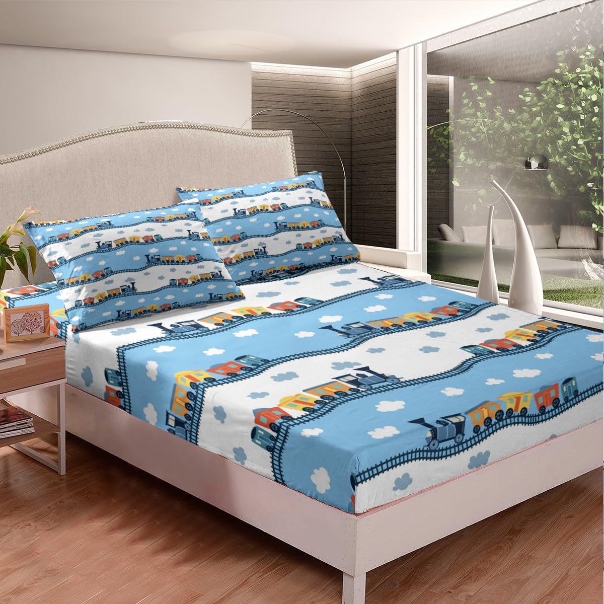 Erosebridal Kids Locomotive Train Sheet Set Queen,Cute Steam Engine Truck Sheets for Boys Girls Blue White Clouds Top Fitted Sheet Railway Car Vehicles Bed Sheets Set with 2 Pillowcases