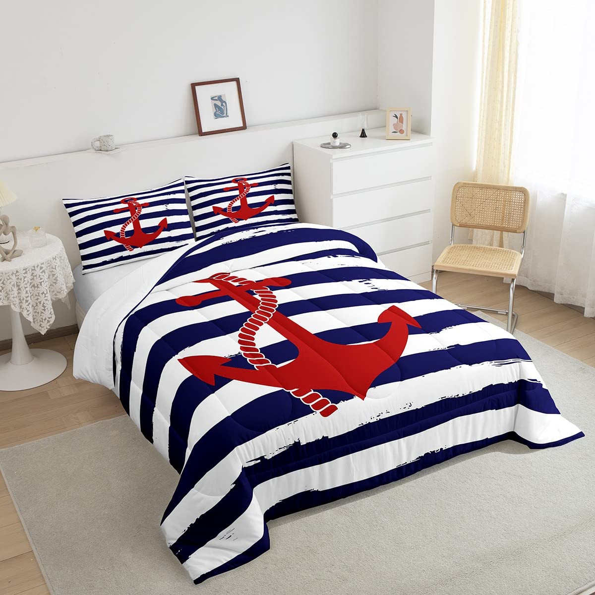 Geometric Stripes Comforter Set Twin Size,Nautical Anchor Bedding Sets 2Pcs Kids Boys Bedroom Decor 1 Pillowcase Ocean Adventure Theme Quilted Duvet Modern Navy Blue Red Bedspread Comforter