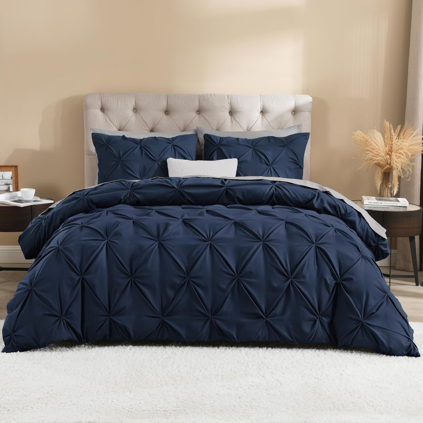 Litanika Navy Blue Pinch Pleat Duvet Cover Queen, 3 Pieces Pintuck Cover Soft Polyester Bedding Set with Zipper Closure & Corner Ties(90x90Inch-1 Duvet Cover, 2 Pillowcases)