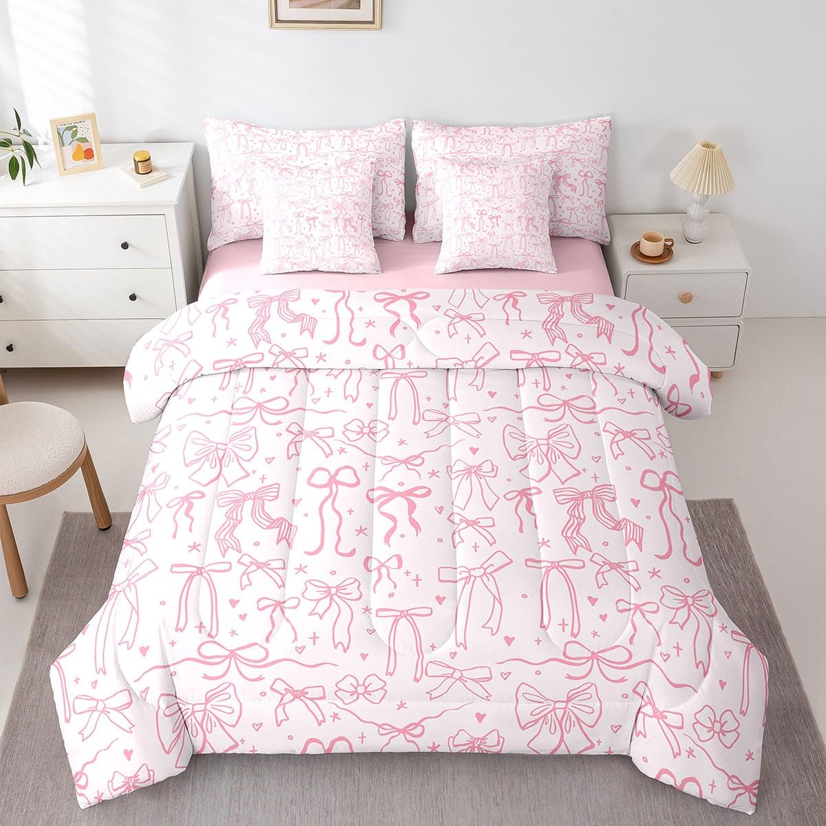 7 Pieces Pink Bowknot Kids Comforter Full,Cartoon Bow Tie Butterfly Knot Princess Girl Bedding Sets,Bow Star Love Pink Sweet Girly 1 Comforter 1 Fitted 1 Flat Sheet 2 Pillowcase,2 Throw Pillow Covers