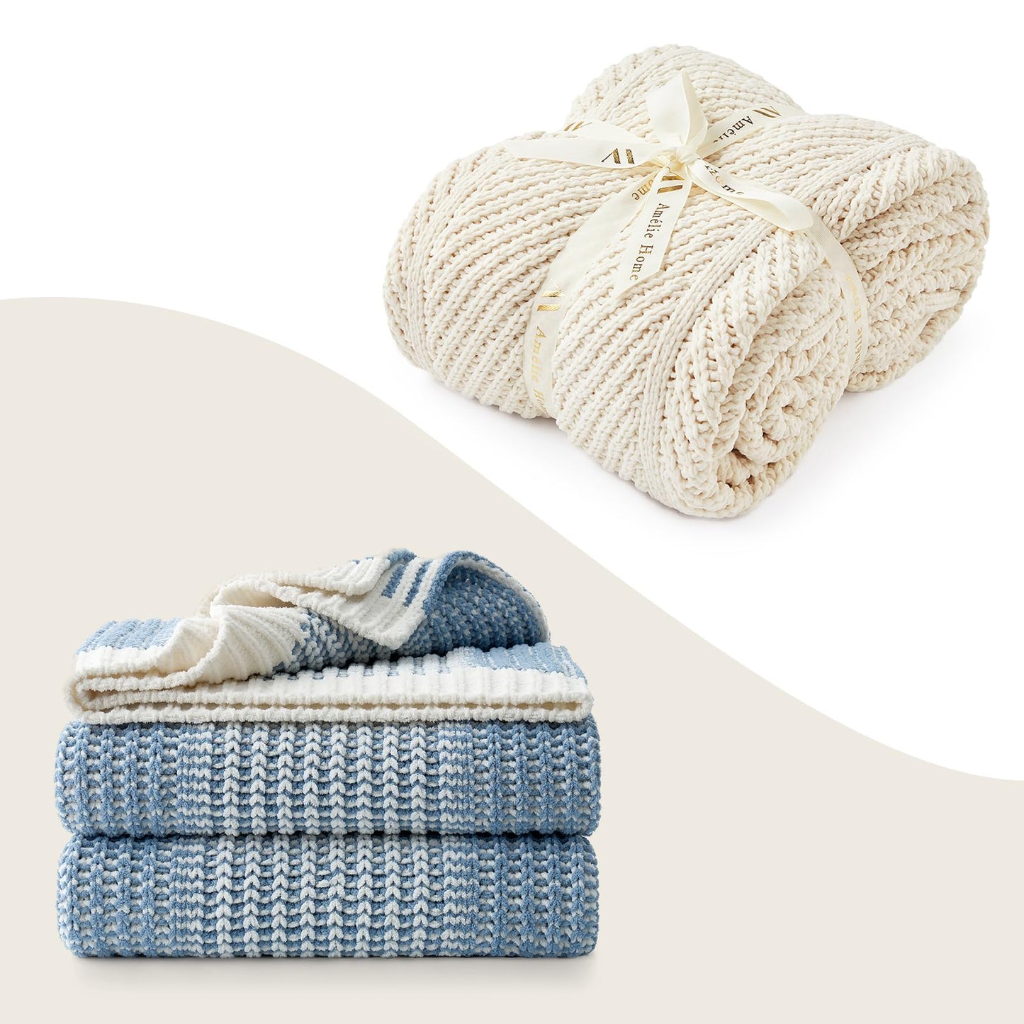 Amélie Home Chenille Knit Throw Blanket Set, Solid Chevron & Two-Tone Blue, Soft Decorative Blankets for Couch & Sofa, 50"x60" 2-Pack