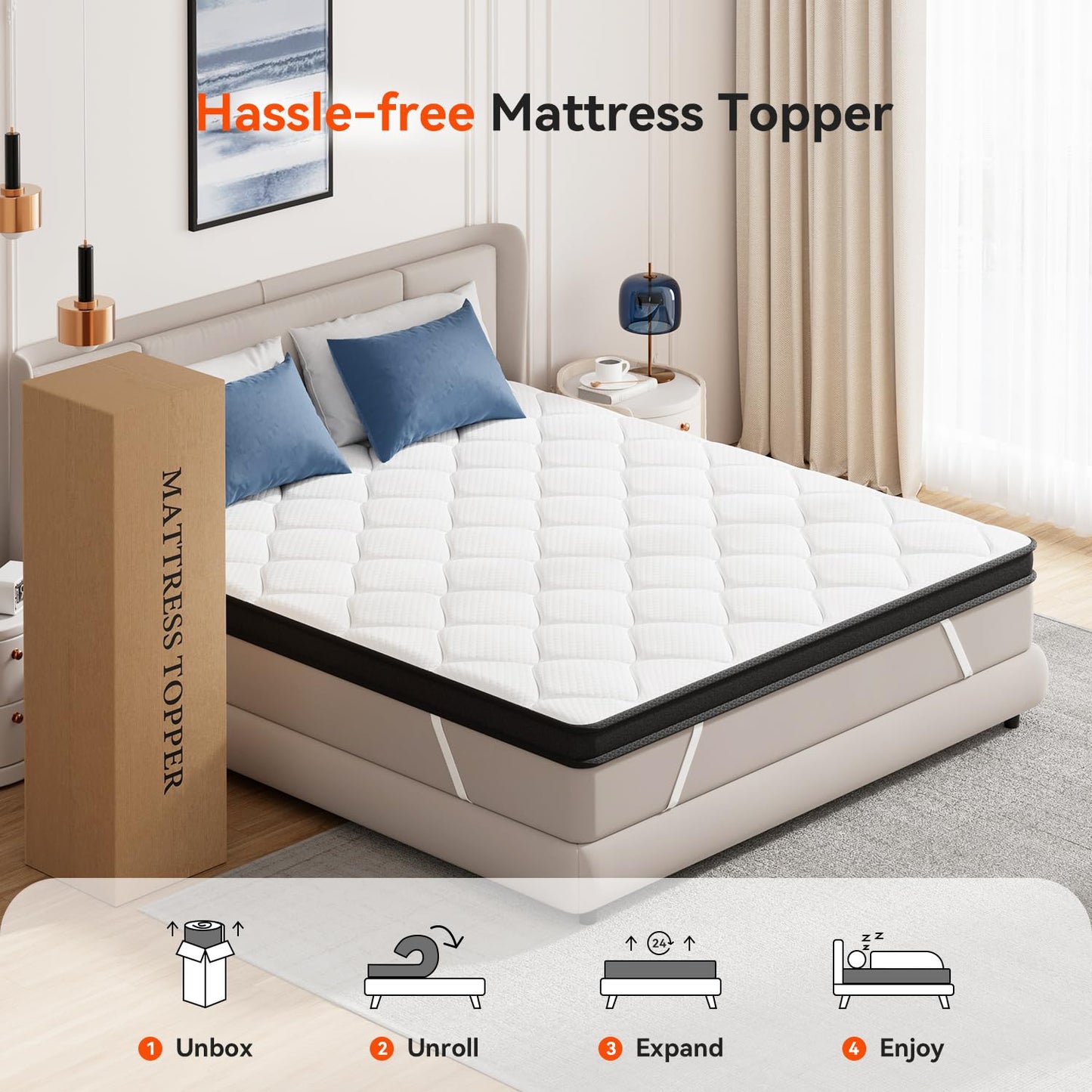 ELEMUSE 3 Inch Queen Size Memory Foam Mattress Topper, High Density Gel Foam Bed Toppers with Cooling Pillowtop for Back Pain Relief, Medium Firm Mattress Pad for Comfort Body Support