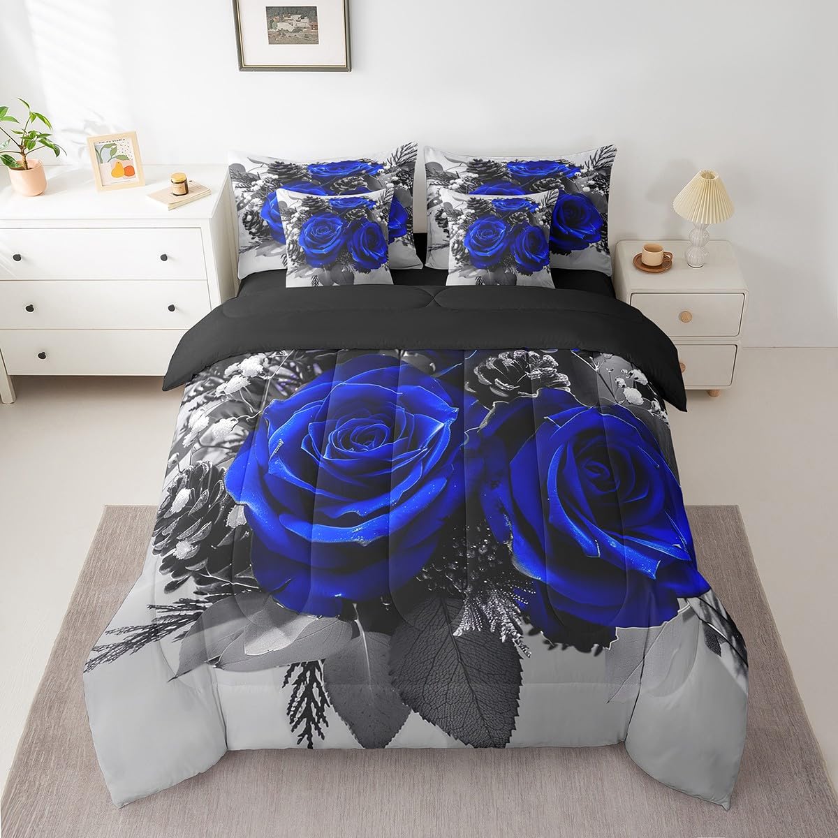Erosebridal Blue Rose 7 Pcs Comforter Set Full,Romantic Valentine's Day Bed in a Bag with Flat Sheet and Fitted Sheet,Garden Farmhouse Botanical Floral Flowers Blue Bedding Set with Pillowcase & Sham