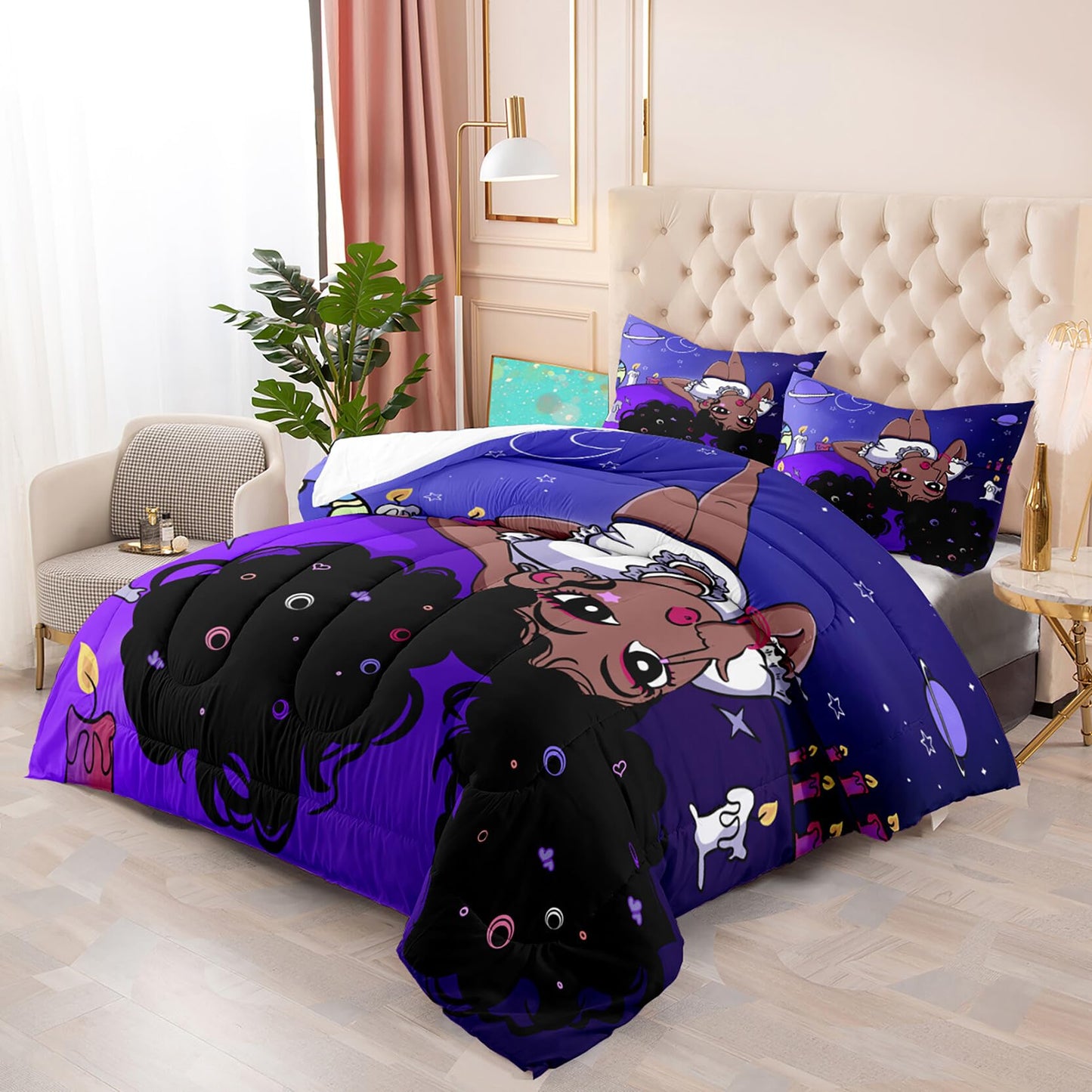 kodhyvj Black Girl Bedding Full Size Girls Comforter Set for African American - Purple Princess Bed Set with 1 Comforter + 2 Pillowcases