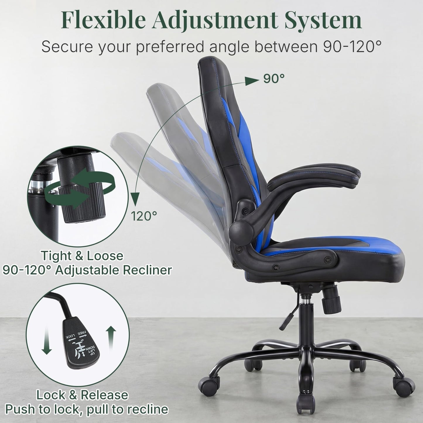 HAPPYMONT Ergonomic Computer Gaming Chair - Home Office Desk with PU Leather Lumbar Support, Adjustable Big and Tall Video Game with Flip-up Armrest, Swivel Wheels for Adults and Teens,Black Blue
