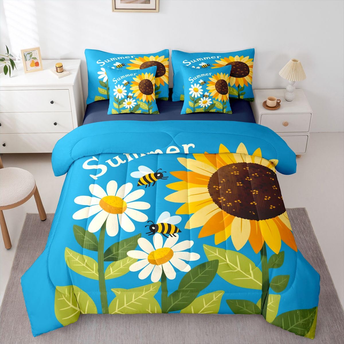 Erosebridal Sunflower Bee Queen Bedding Set Blue Yellow Green Cartoon Daisy Comforter Set Kids Boys Girls Vibrant Summer Floral 7-Piece Bed in a Bag Cheerful Garden Art Quilt Sets
