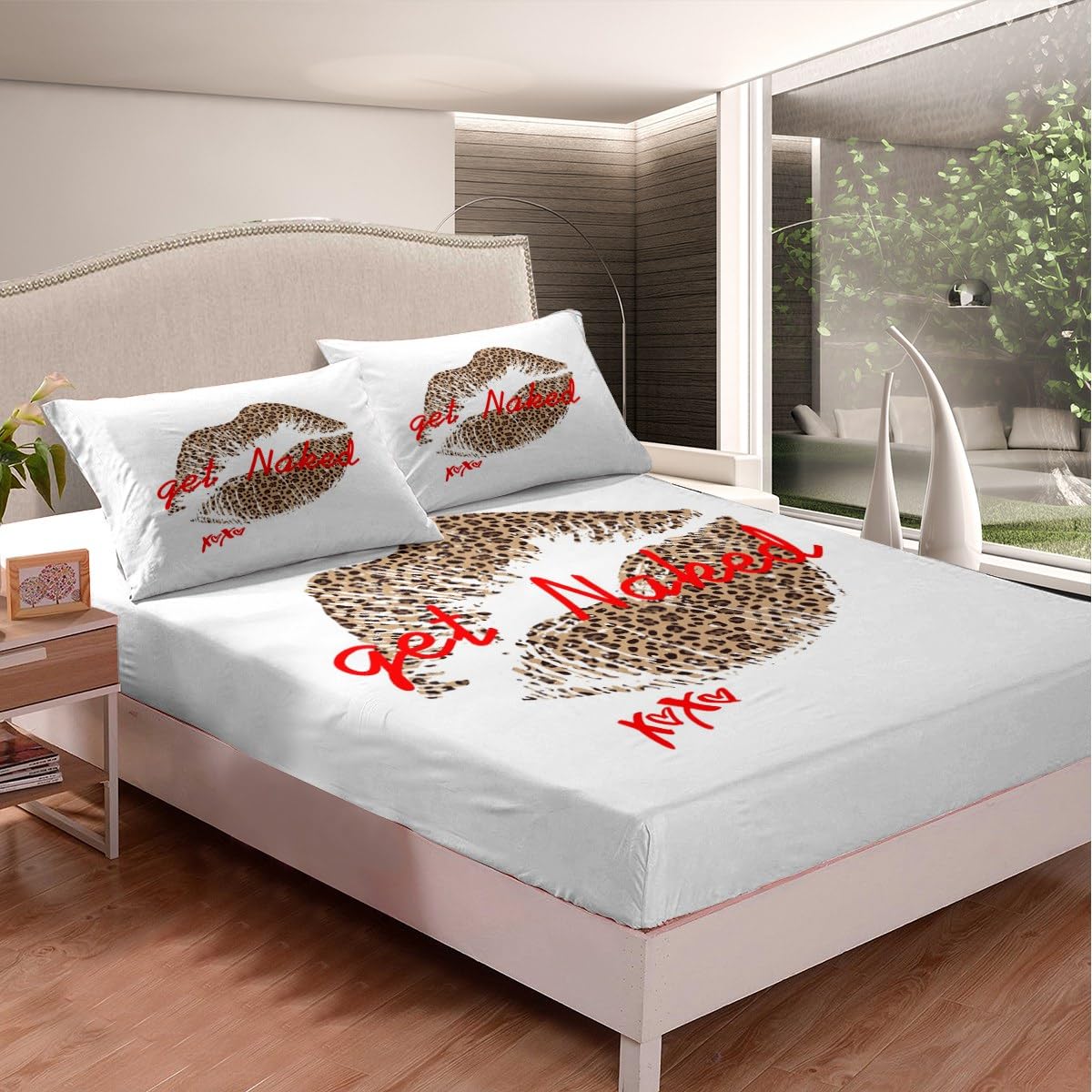 Funny Get Naked Fitted Sheet & Pillow Sham Set for Girls Lady Women Leopard Pattern Lips Bedding Set Lover Romantic Bed Sheet Set Room Decor White Red Brown Kiss Bed Cover No Flat Sheet Full Size