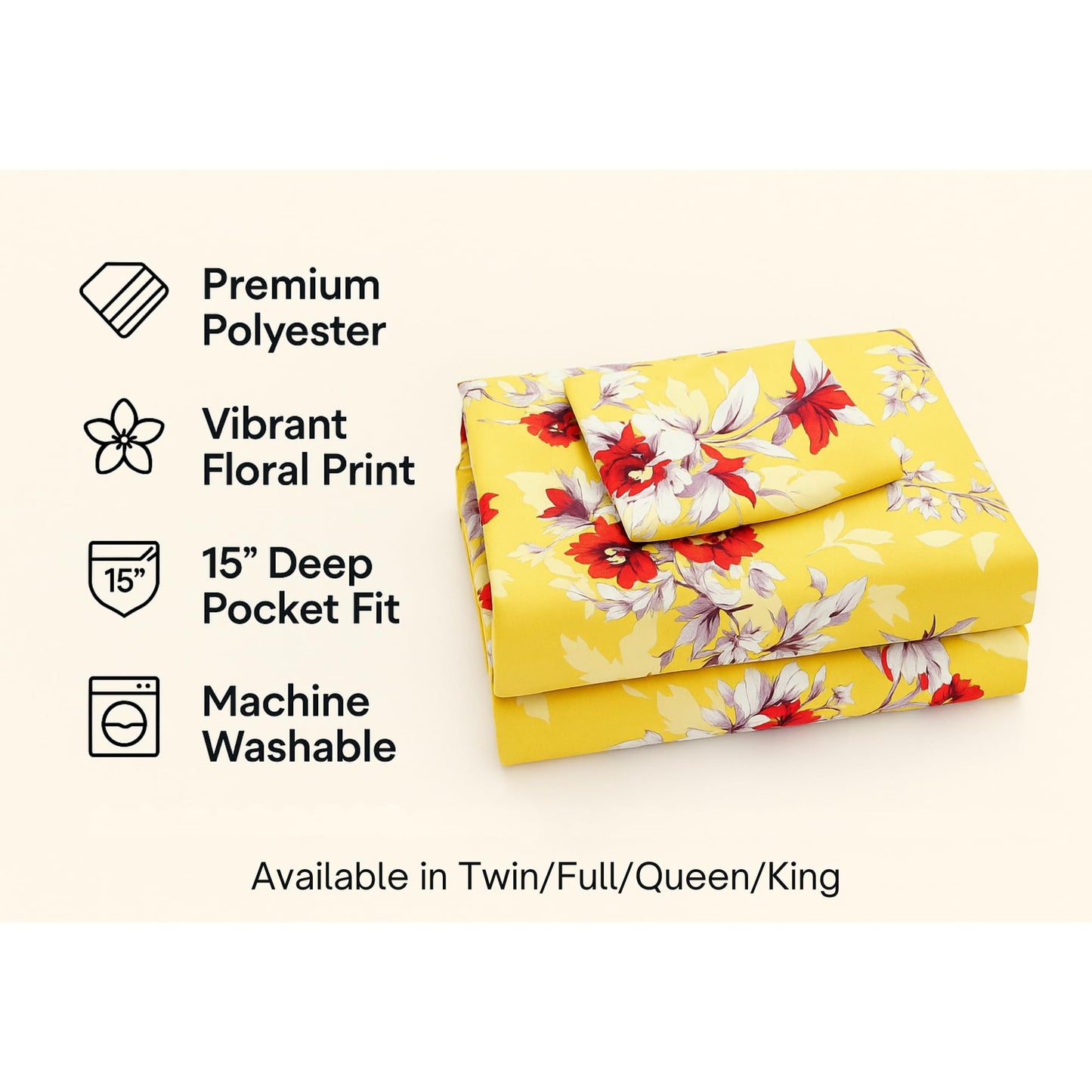 DaDa Bedding Radiant Sunshine Birds Floral Yellow Fitted Sheet - Spring Time Hummingbirds Bright Vibrant Multi-Colorful Red Flowers w/Pillow Cases Set - Full Size - 3-Pieces