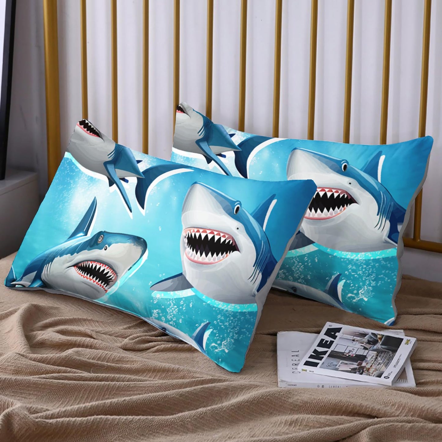 HOSIMA Teens Shark Print Fitted Sheet Set Twin Size,Shark Swimming in The Underwater World Pattern Bedding Sets,Ocean Animal Theme Fitted Sheet for Kids Boys Room Decor,1 Fitted Sheet+2 Pillowcases.