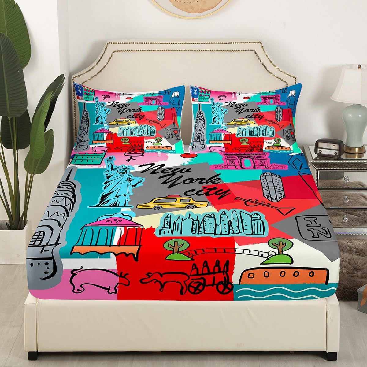 Statue of Liberty Fitted Sheet New York Cityscape Bed Sheet Set for Kids Children Teens Famous City Scene Bedding Set Historical Scenery Bed Cover Full Size with 2 Pillow Case