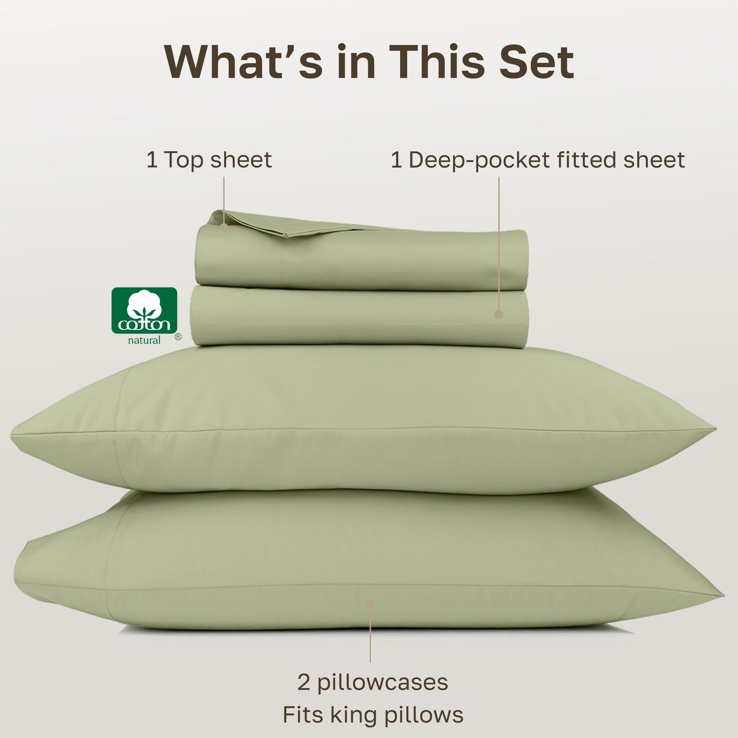California Design Den Thick and Natural 100% Cotton Bed Sheets King Size Set - 1000 Thread Count Sateen Sheet & Pillowcase Sets, Deep Pockets, Durable Bedding - Pale Green